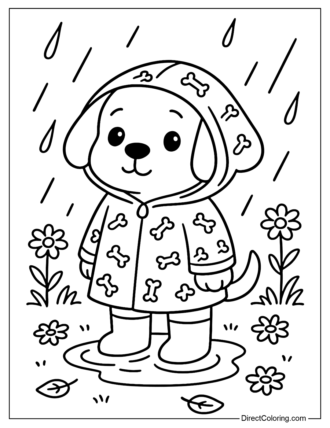 Coloring page of a puppy wearing a raincoat with a hood, standing by a puddle, with some flowers and grass behind.