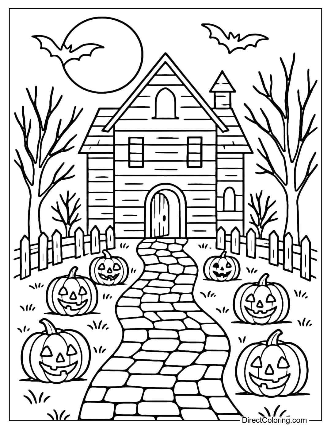 A haunted house coloring page with a paved path, Jack-o-lanterns on both sides of the road, and an old wooden gate.
