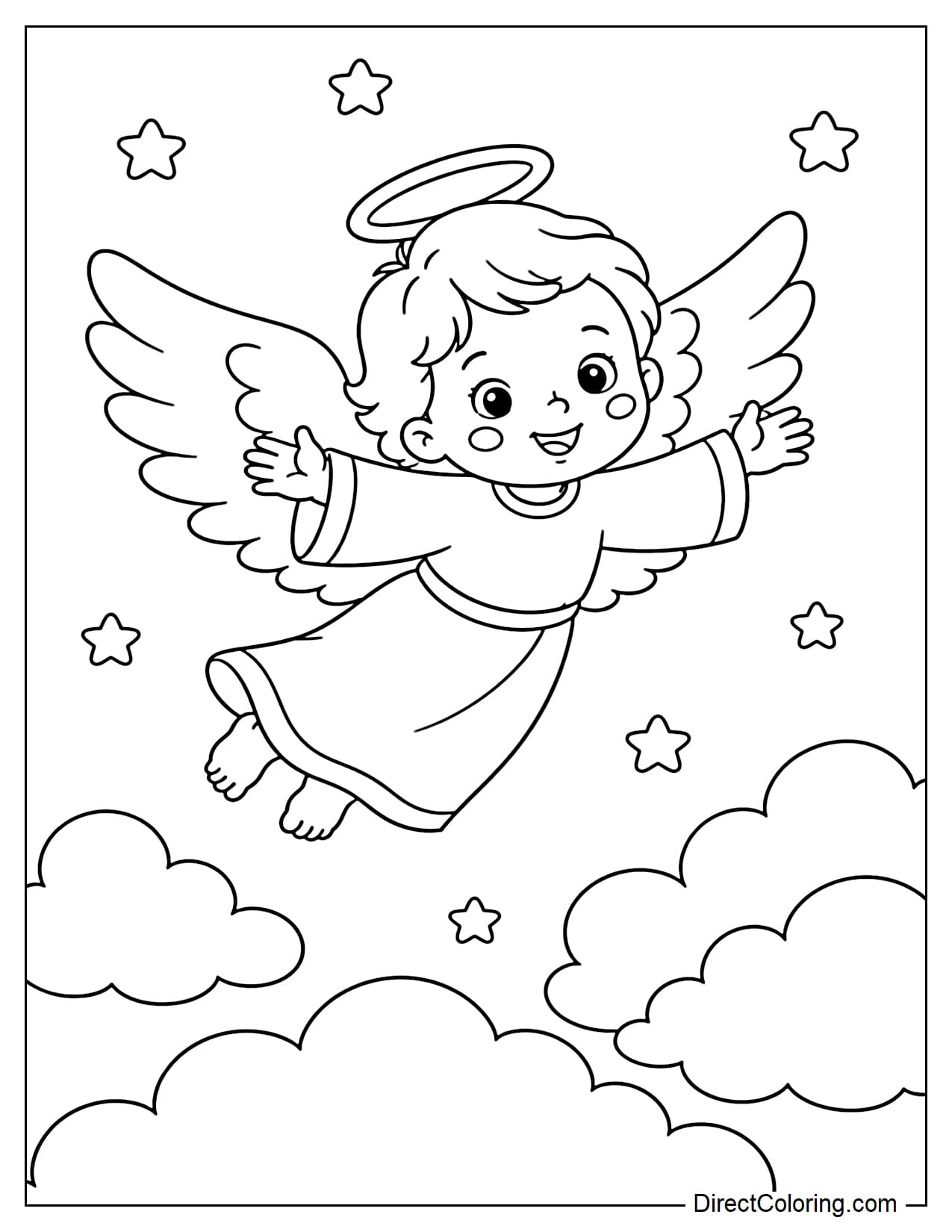 A little angel with large wings flies through the sky, with stars and clouds in the background.