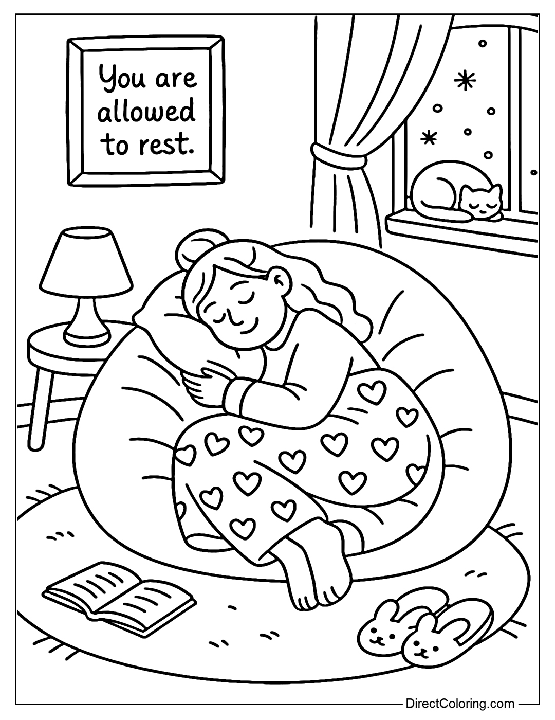 A coloring page of a girl sleeping soundly on a soft beanbag, her body curled up in a warm, thick blanket with a simple heart pattern.