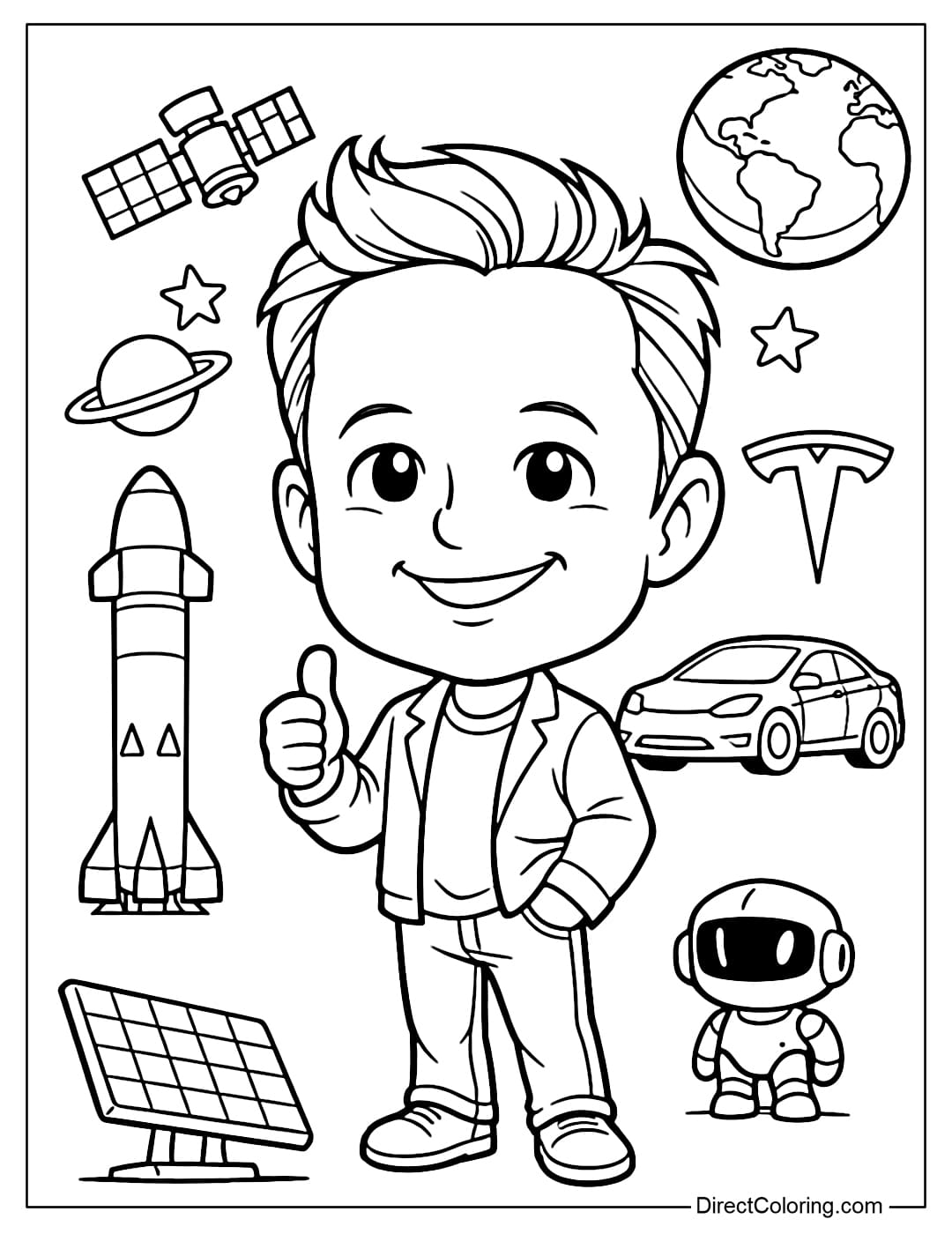 Cartoon-style Elon Musk coloring page with a large head and small body.