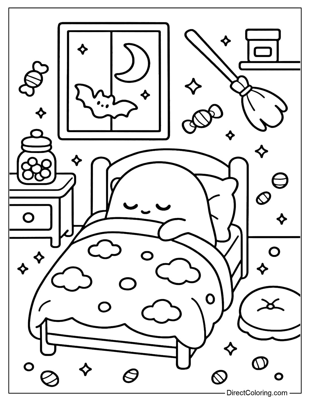 Coloring page of the bedroom with a little ghost wrapped in a cotton candy blanket sleeping soundly.