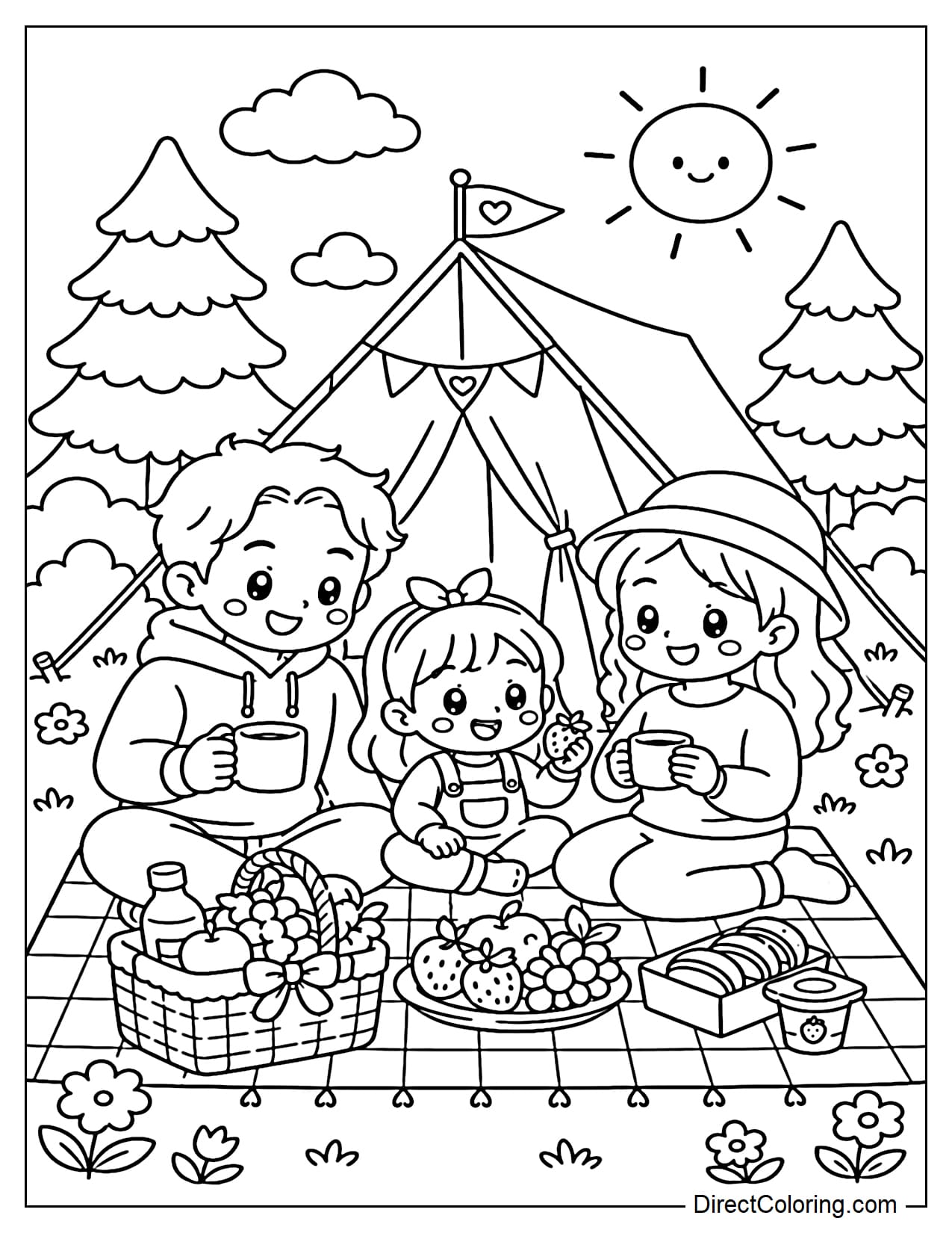 A small family sitting on a picnic mat in front of their camping tent, with a food basket, pine trees, and the sun in the background.