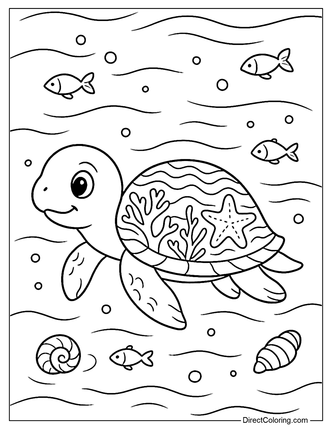 A turtle coloring page with ocean waves, corals and starfish on its shell, swimming in the gentle waters with small fish and shells floating around.