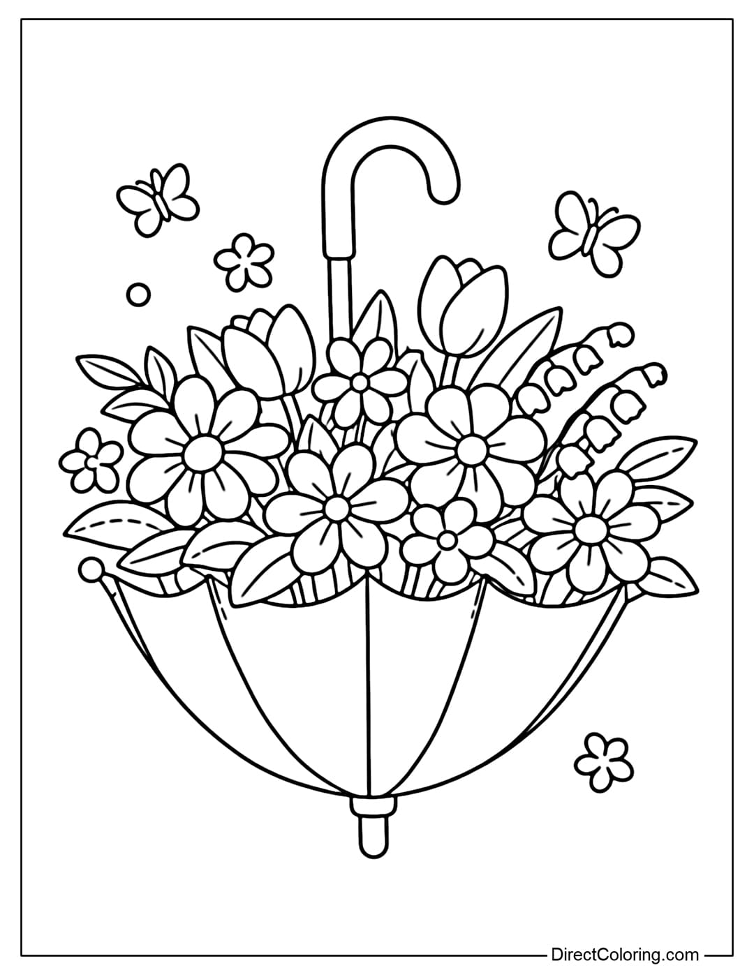 A coloring page featuring an inverted umbrella like a flower basket, filled with many spring flowers.