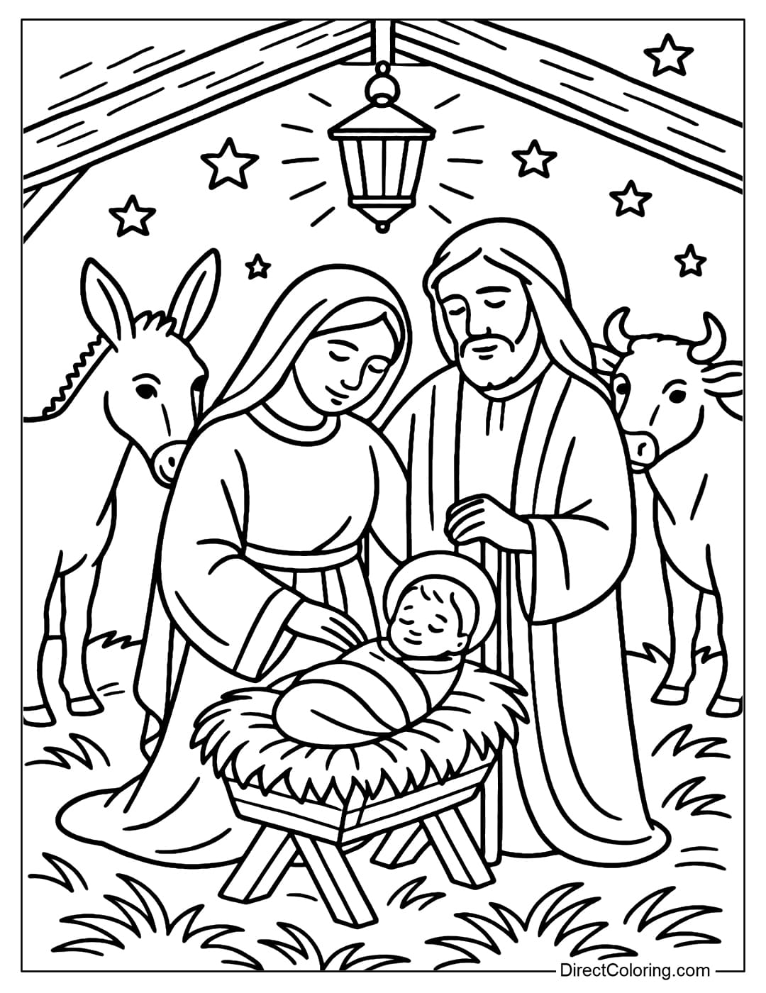 A coloring page of the nativity scene in a warm stable, manger and baby in the middle, Mary and Joseph standing close in a protective pose, a lantern on a wooden beam, 1 cow and 1 donkey behind.