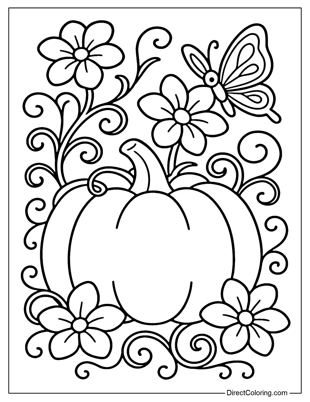 A plump pumpkin coloring page surrounded by soft winding vines, on the vines blooming bright flowers. A butterfly is perched on the petals.