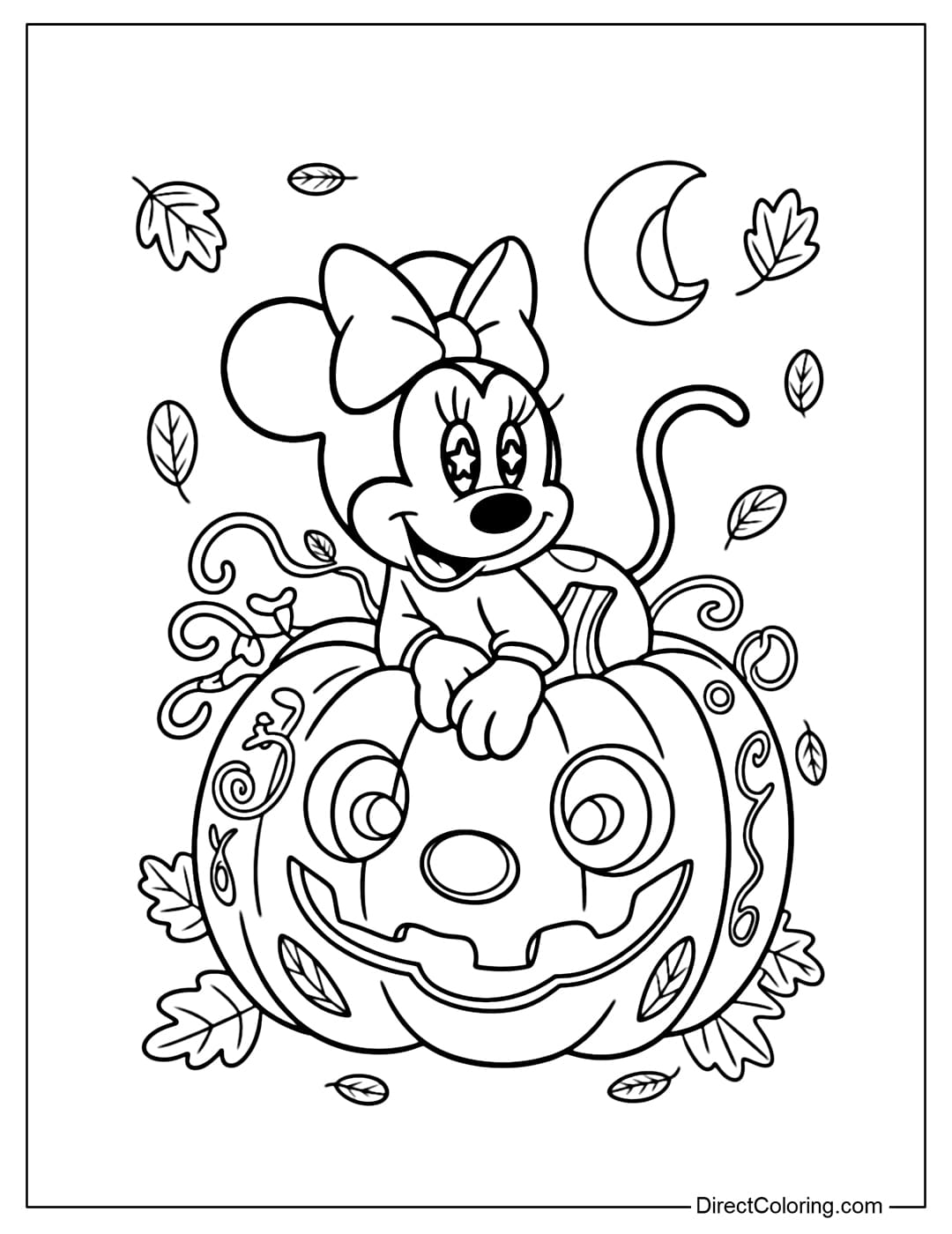 Minnie coloring page transformed into a magical black cat, sitting on a giant pumpkin.