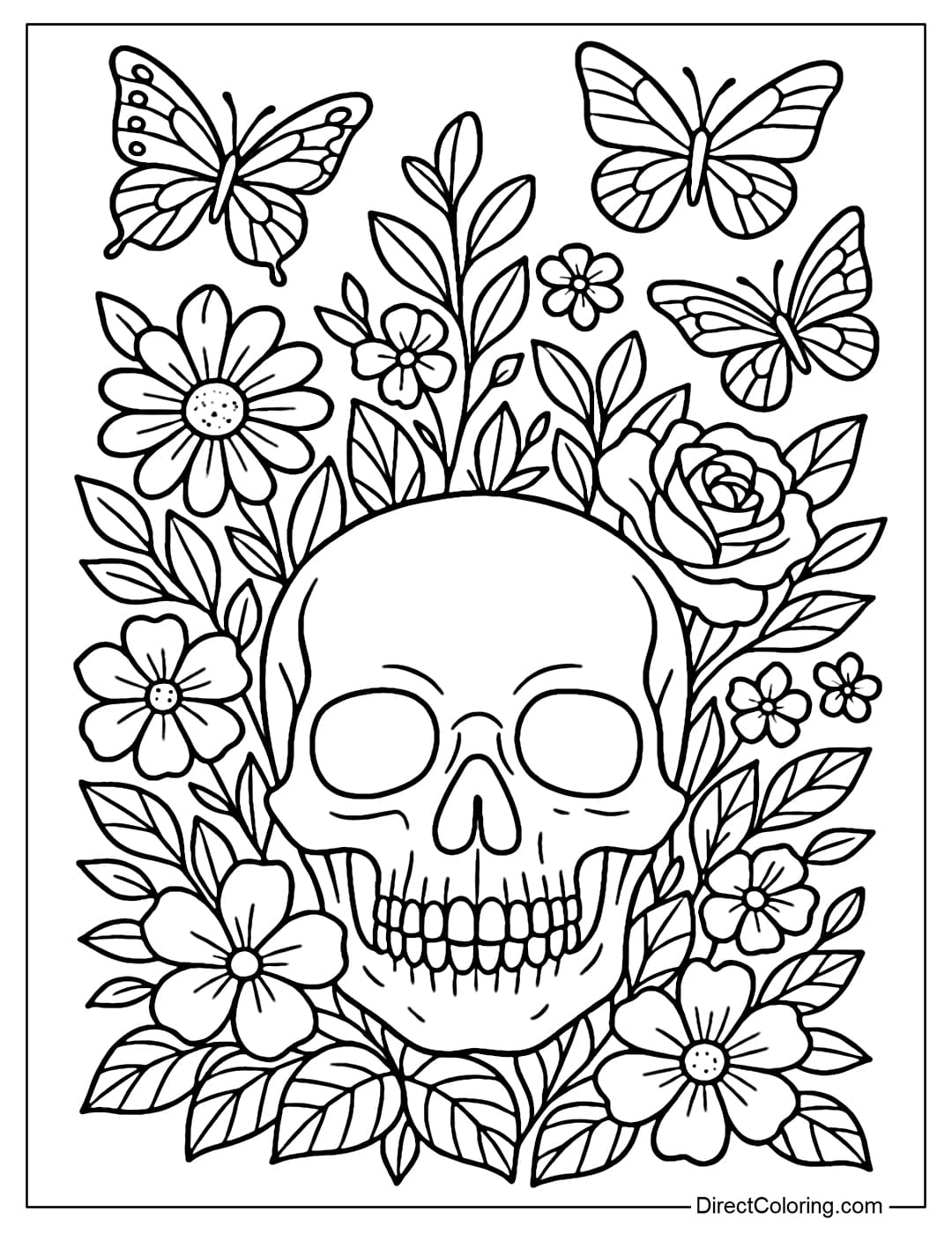 A skull coloring page in the middle of a flower garden, with butterflies flying around.