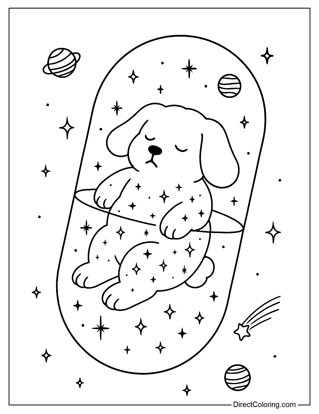 Coloring page of a capsule with a sleepy dog ​​gently floating inside a transparent capsule with two shells designed like a space capsule