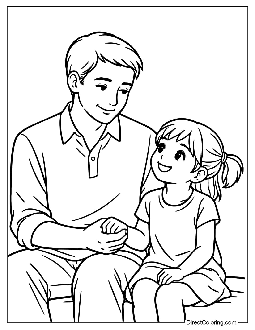 A coloring page of a father and child holding hands, sitting happily together.
