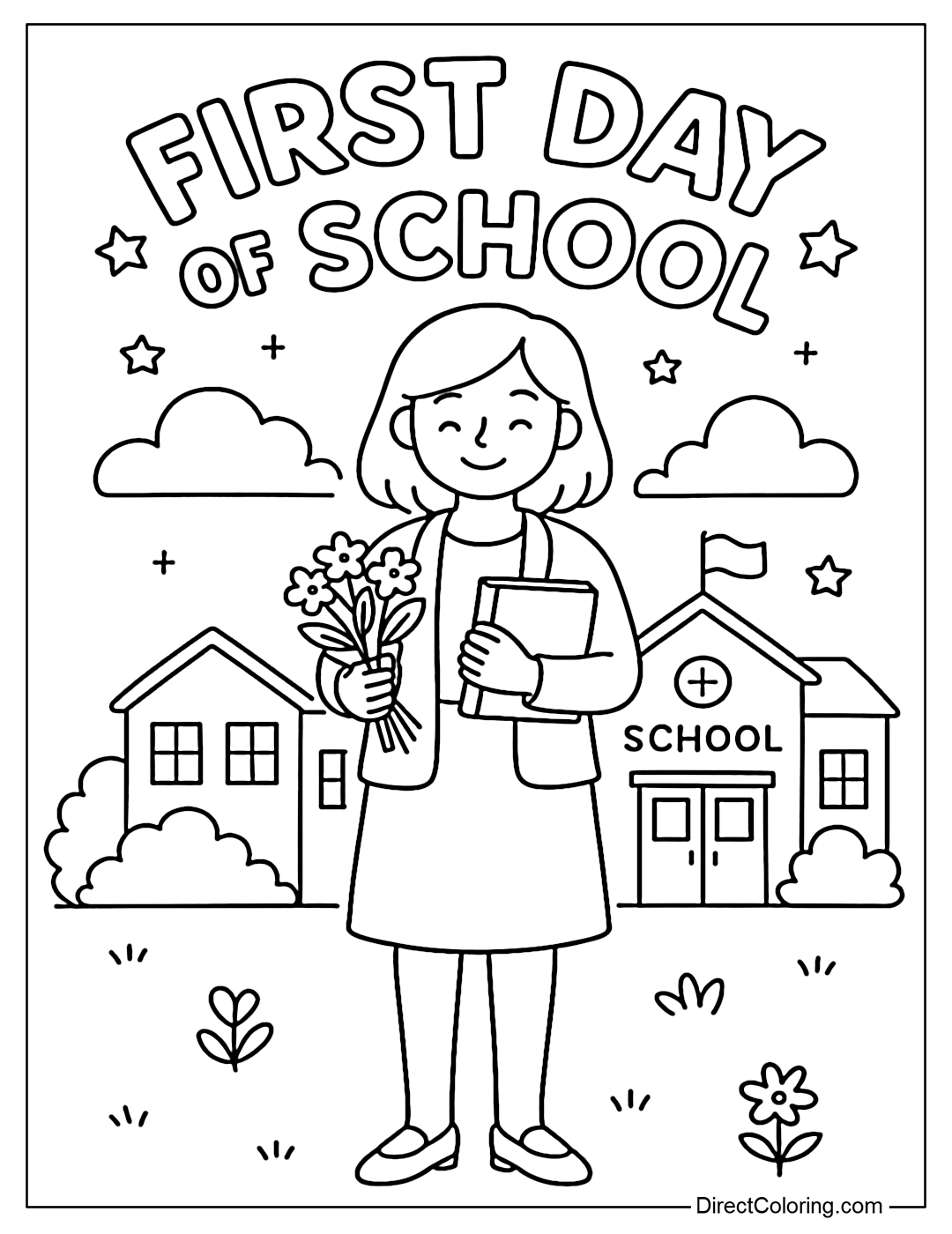 Coloring page for teachers coming to class for the first time, holding books and flowers.