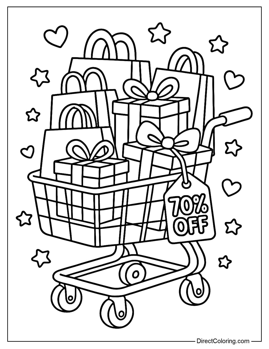 A coloring page with a shopping cart full of gift bags, boxes, 