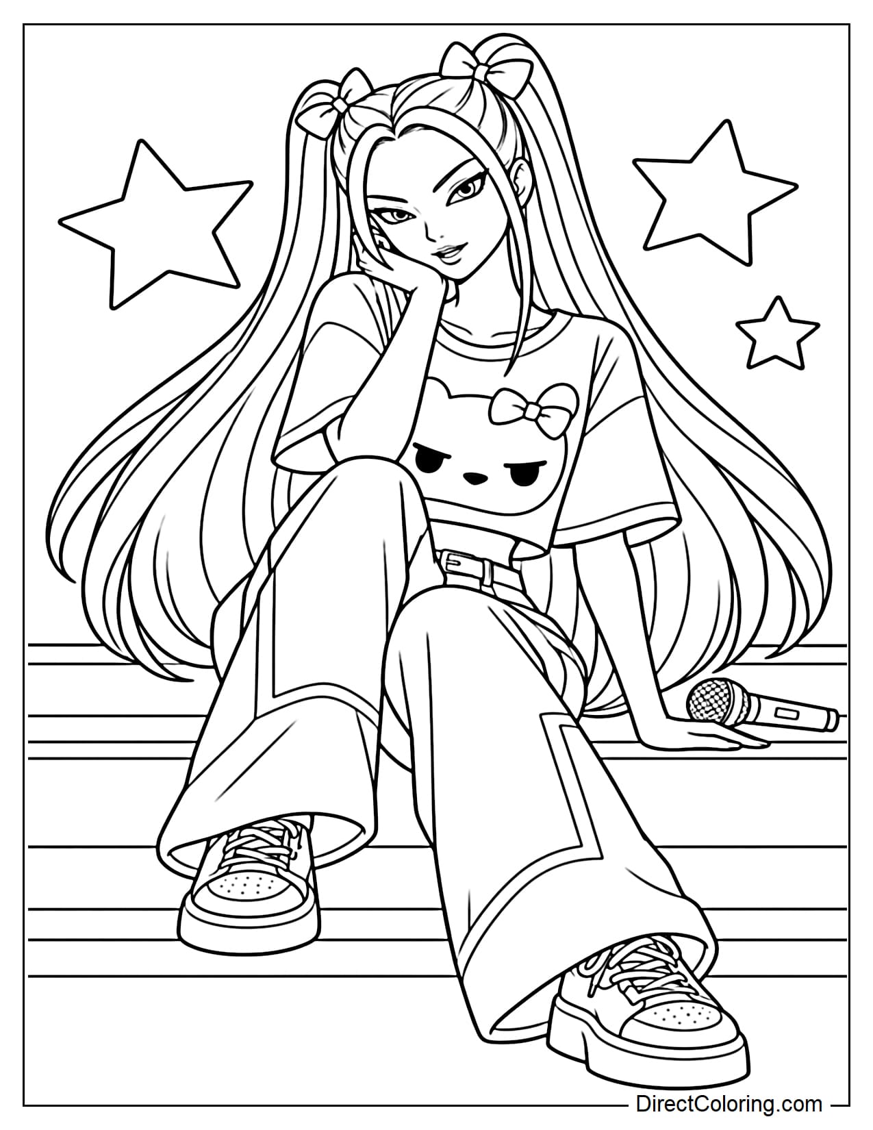 Mira is sitting comfortably on a large stage step with one leg slightly bent and both hands resting naturally. Her long hair falls down on both sides.