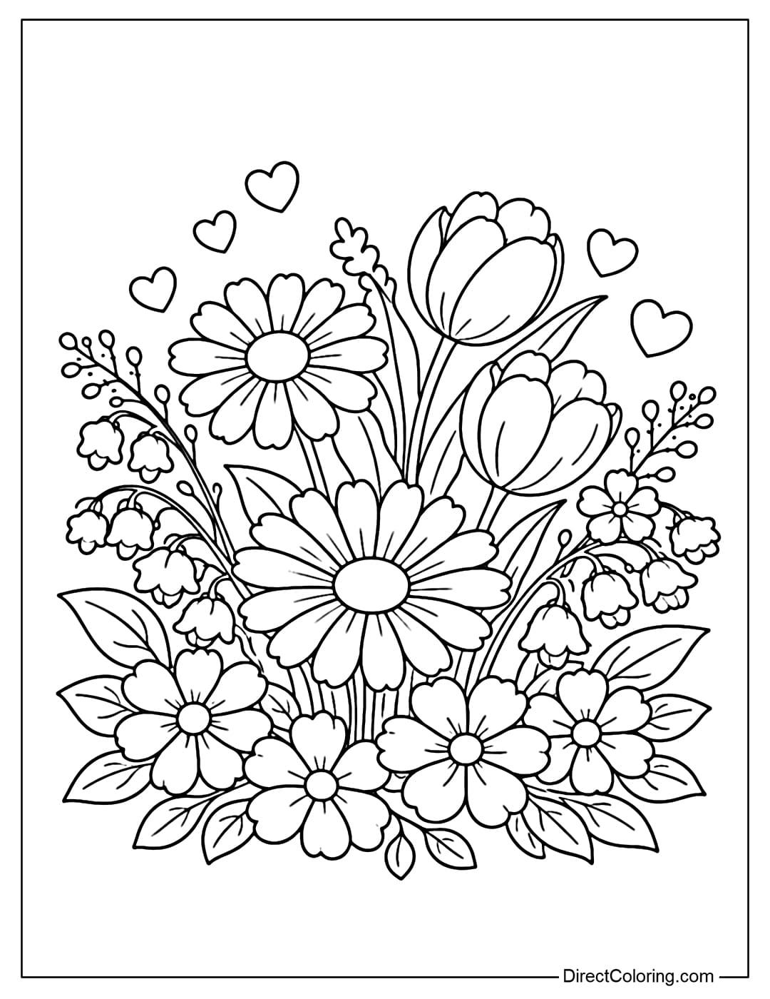 Coloring page of delicate early spring flowers interspersed with small hearts, evoking a gentle transition of seasons.