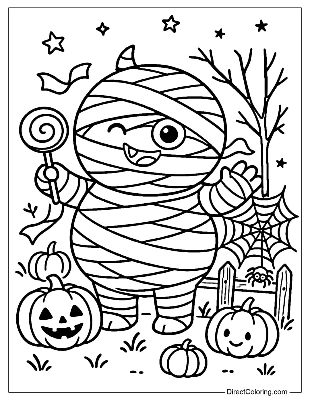 Funny mummy-wrapped monster coloring page, one big eye peeking out, waving hands, surrounded by mini pumpkins and stylized spider webs.