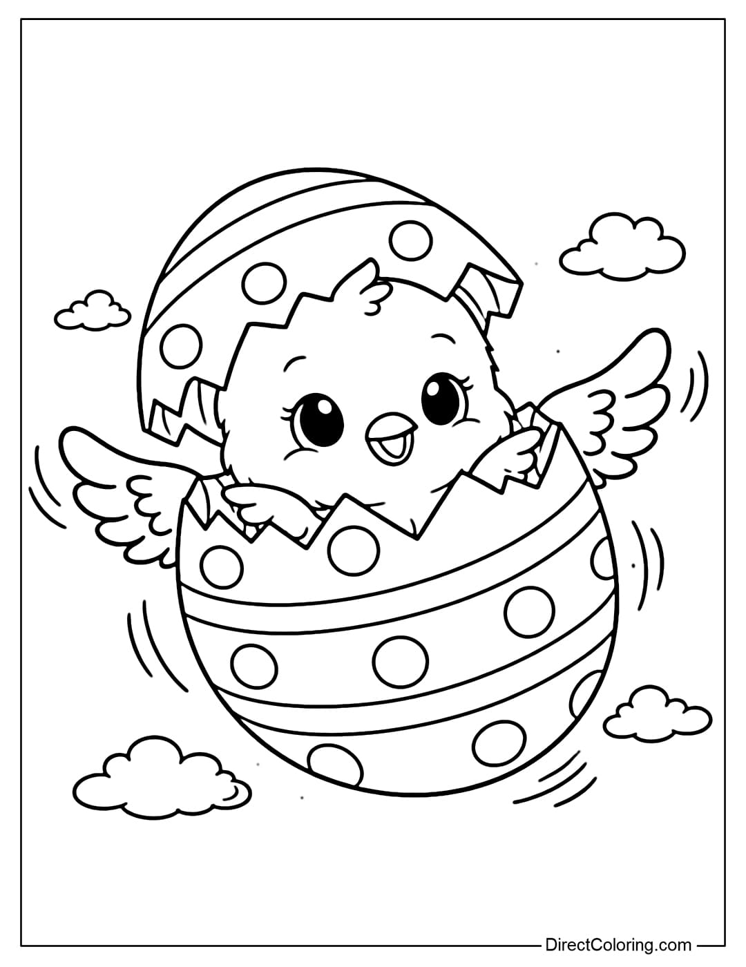 A coloring page of a cute Easter chick emerging from a large Easter egg with small angel wings flying among the clouds.