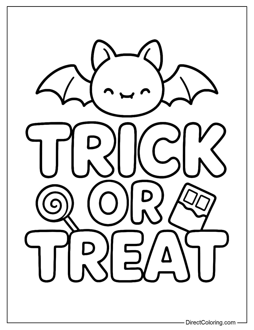 A Trick or Treat coloring page, with chibi bats, and cute lollipops and chocolates.
