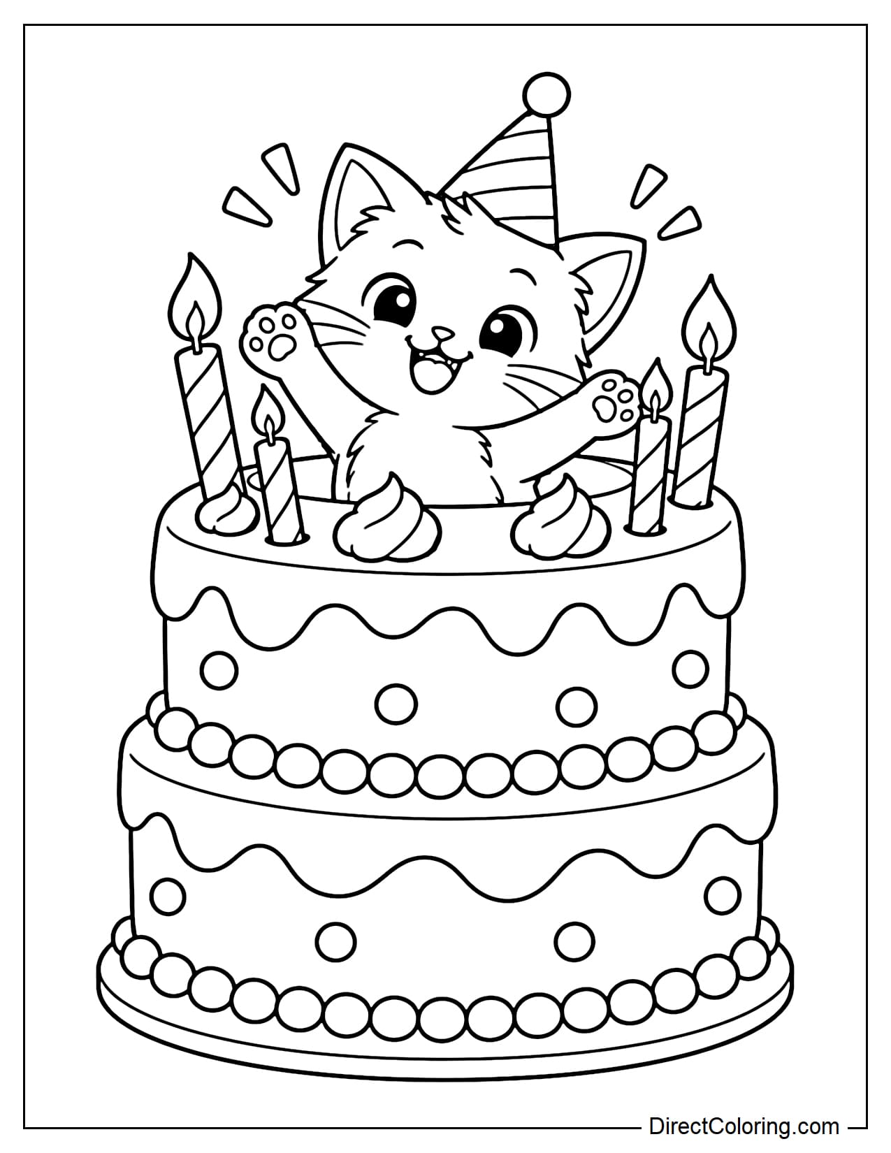 A cute kitten pops its head and front paws out of a large birthday cake, wearing a little party hat with a few big candles around it.