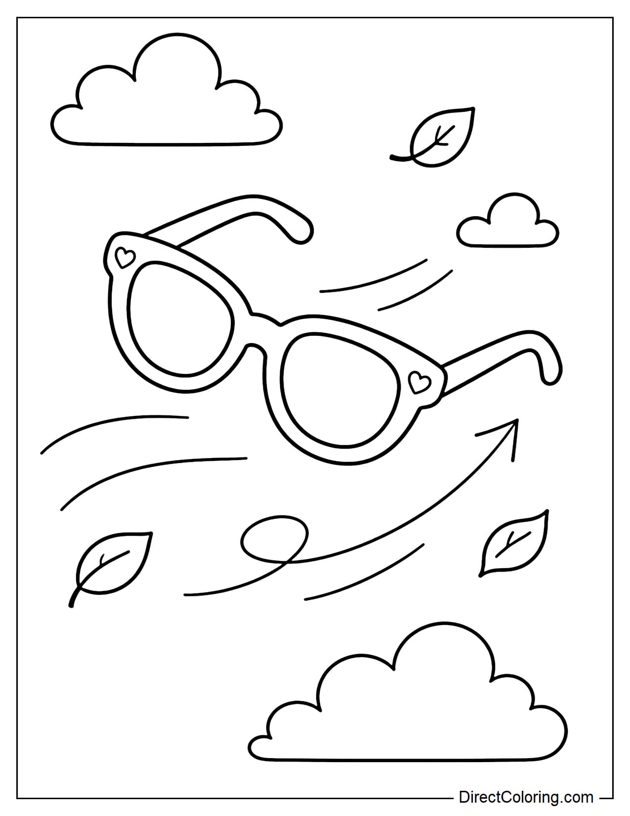The sunglasses are depicted flying in the wind with simple movement lines.