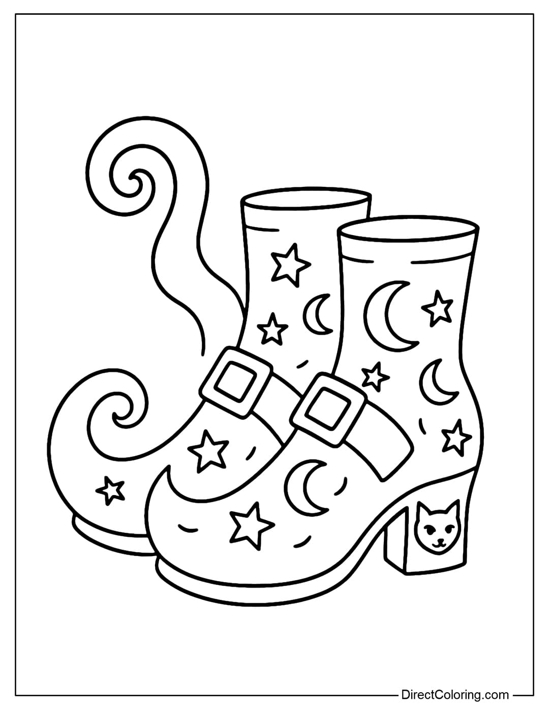 Coloring page of a pair of witch shoes with a spiral toe, a star and moon motif carved on the body of the shoe,
