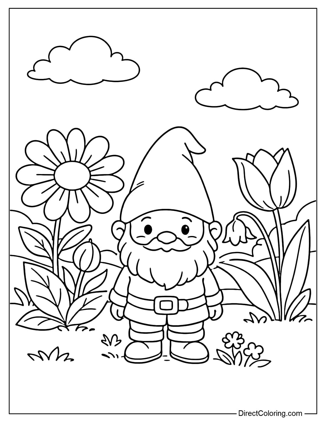 Coloring page of a small gnome standing in a garden with some large flowers and simple leaves.