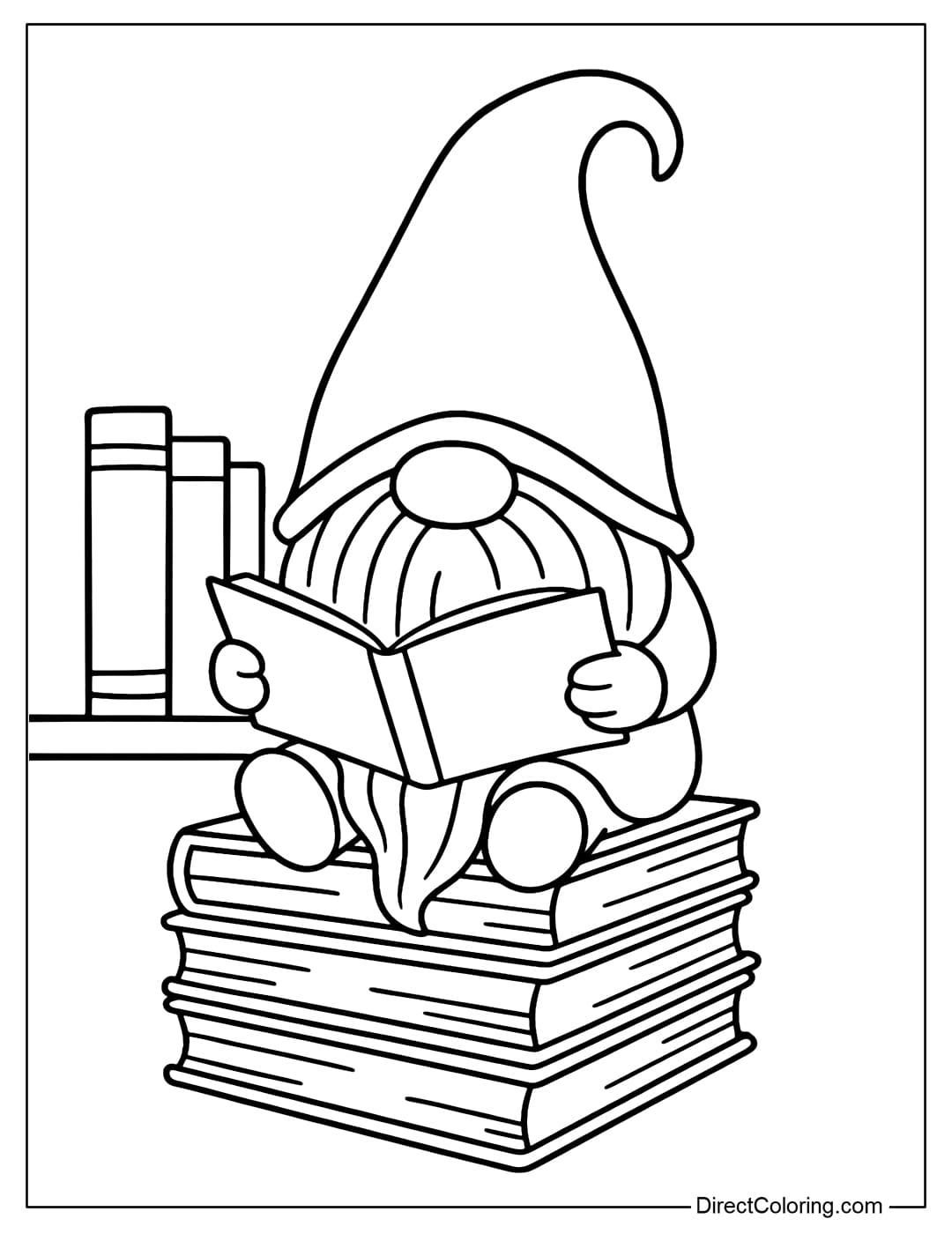 A coloring page of a gnome sitting on a large stack of books, holding an open book, with a bookshelf behind it.