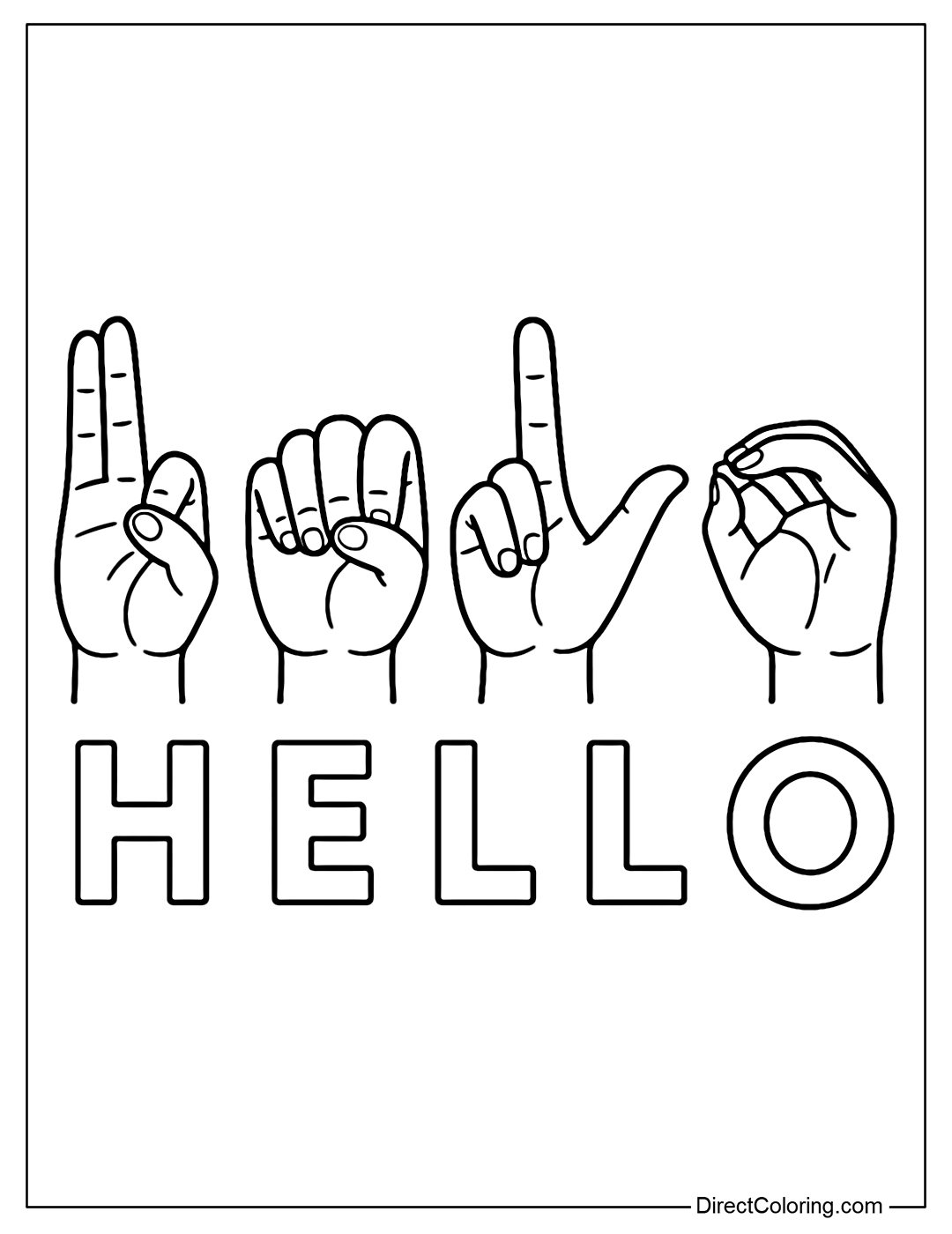 A hand sign (ASL) coloring page that spells 