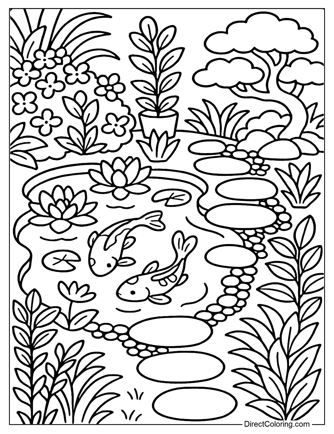 A coloring page of a small koi pond next to a walkway, with fish swimming around lotus flowers, some stepping stones and bonsai trees around it.