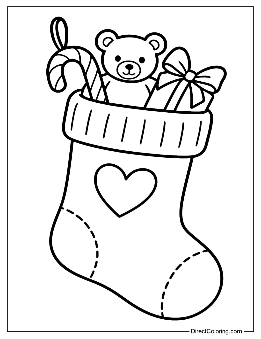 Coloring page of a plain Christmas stocking with a soft, hand-sewn border and a heart shape, with a stocking mouth filled with candy, a teddy bear, and a ribbon.