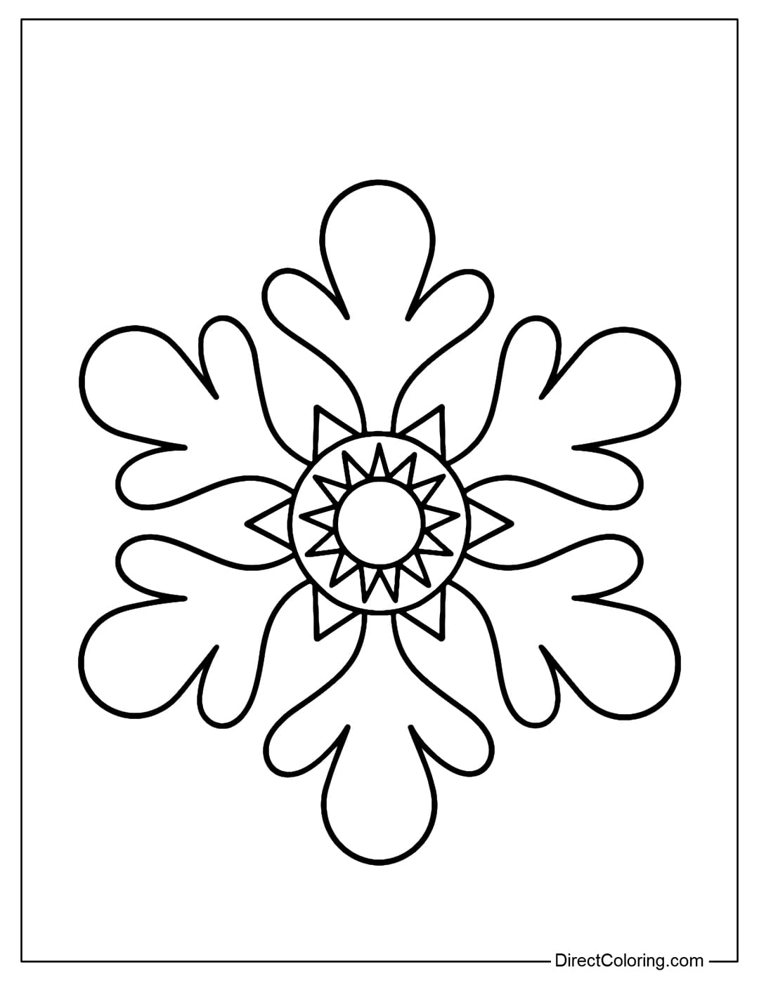 A coloring page of a snowflake with a sunburst center consisting of large outward-pointing triangles, and six large, rounded branches.
