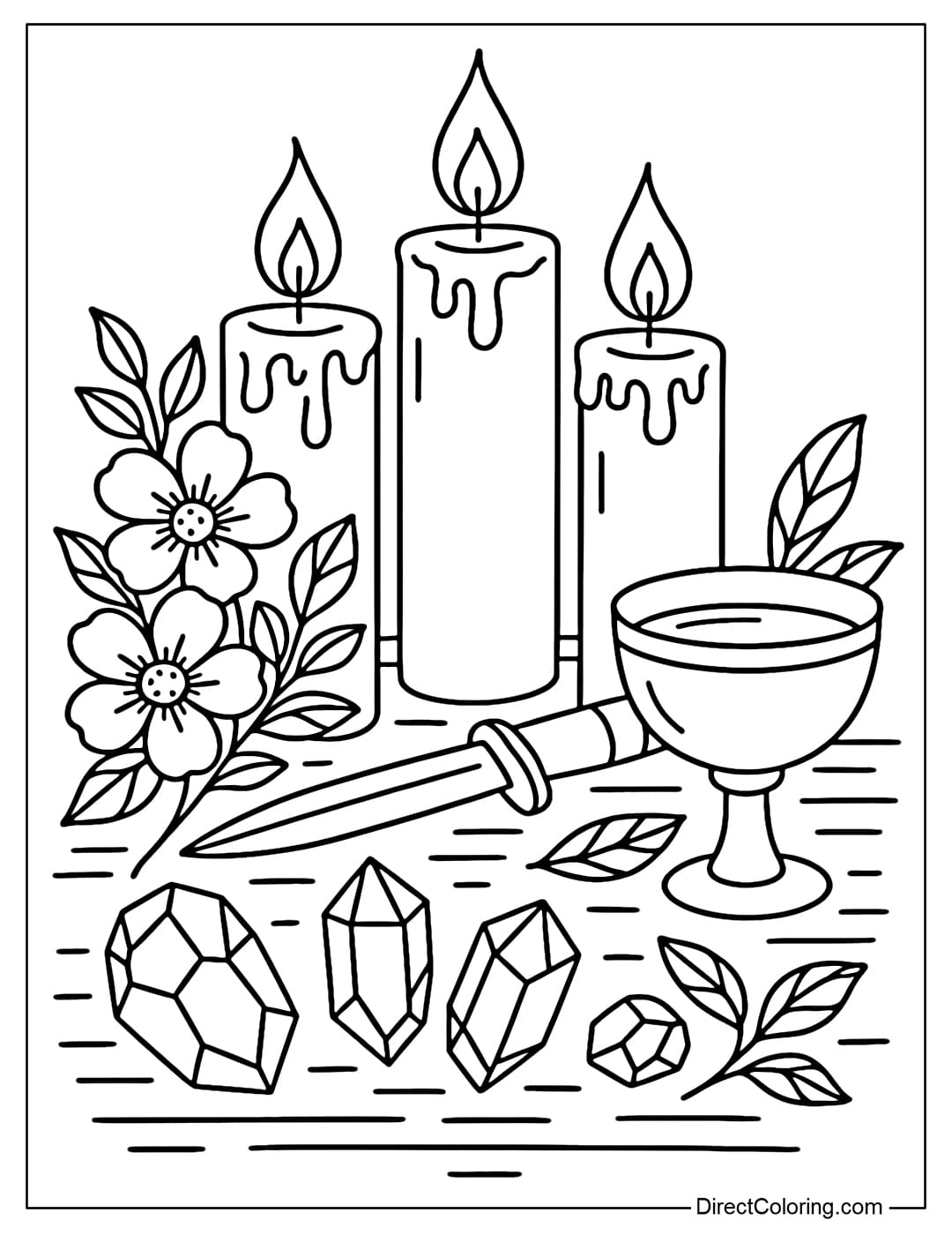 Pagan altar coloring page with candles, gems, Athame knife, water bowl and flowers.