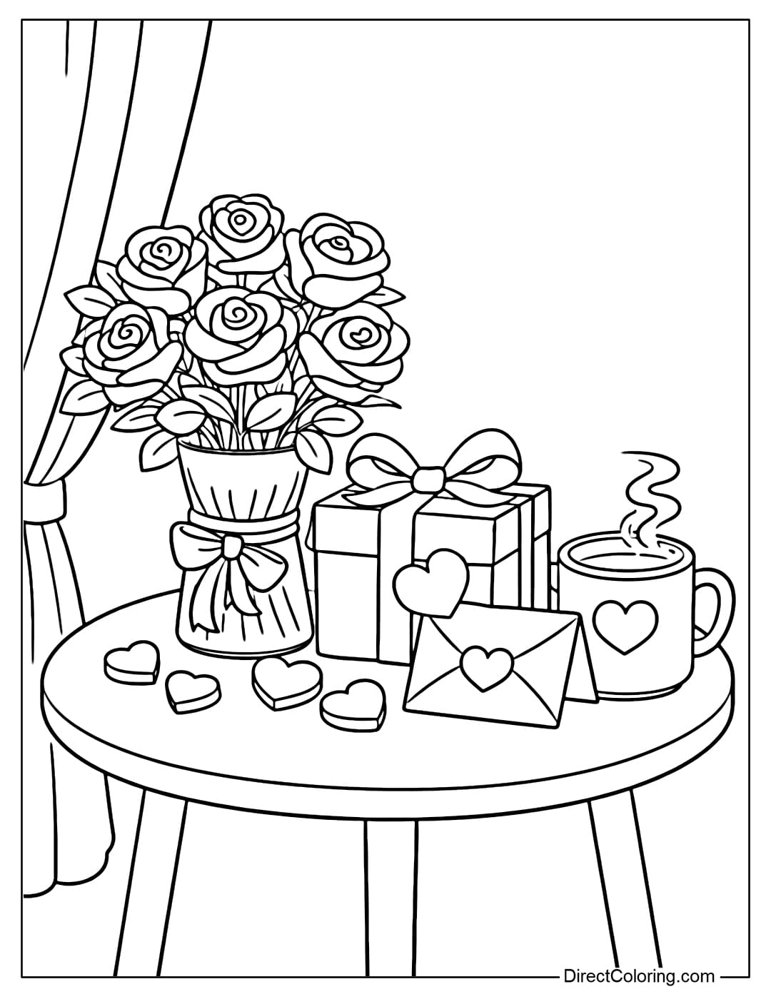 A coloring page of a small table decorated for Valentine's Day with gifts, flowers, and cards.