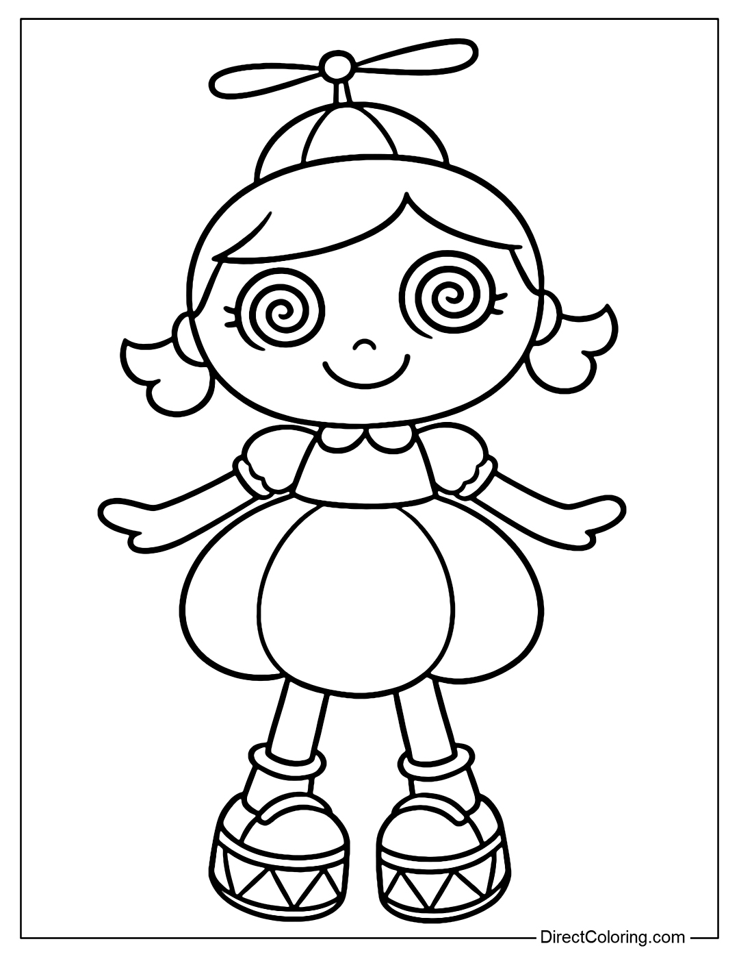 Dot doll coloring page has big swirly eyes, a pinwheel-shaped hat on her head, a round, puffy skirt like a balloon, and toy drum-shaped shoes.