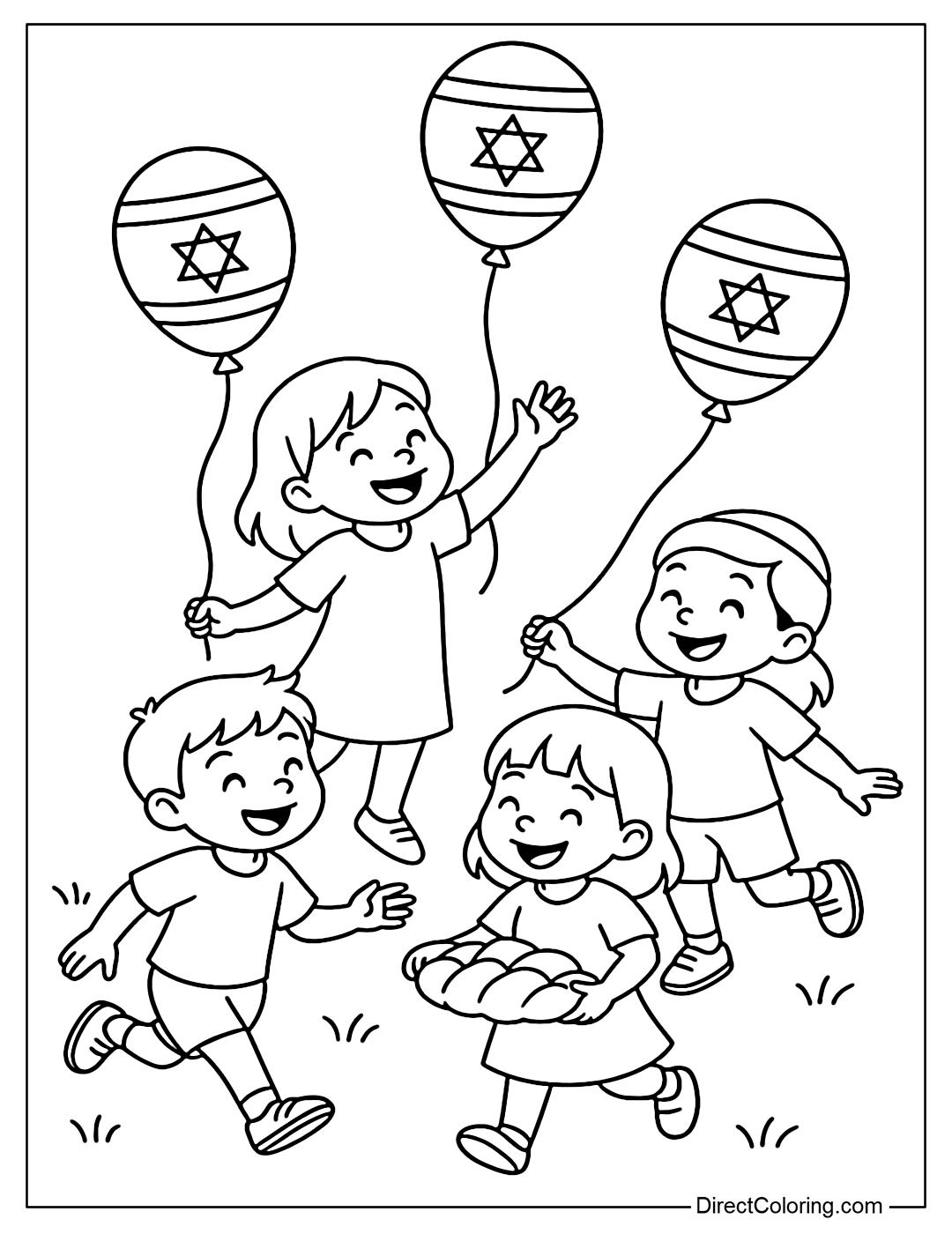 Coloring page of children playing with balloons printed with the Israeli flag.