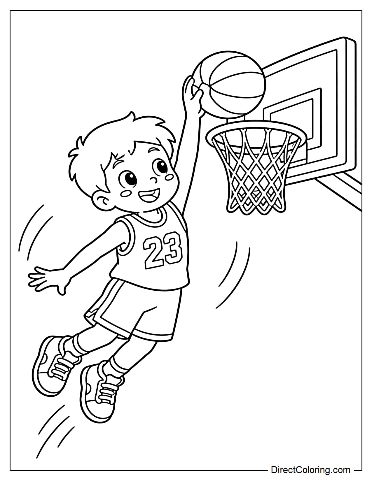 A young basketball player is jumping high and slamming the ball with one hand, his body slightly curved, the ball large, the net clearly visible, with some moving curves around it.