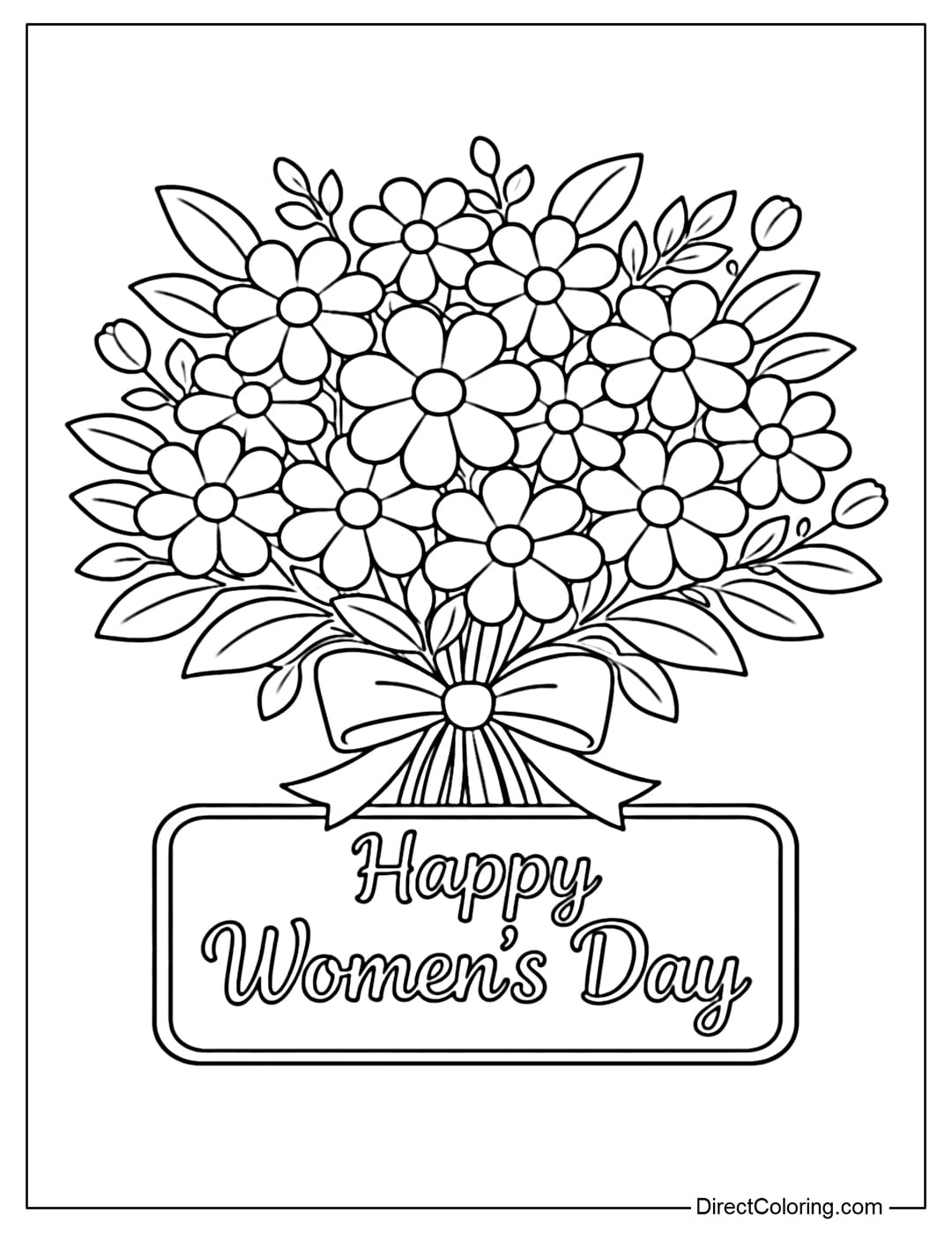 A coloring page with a large bouquet of flowers, with a 