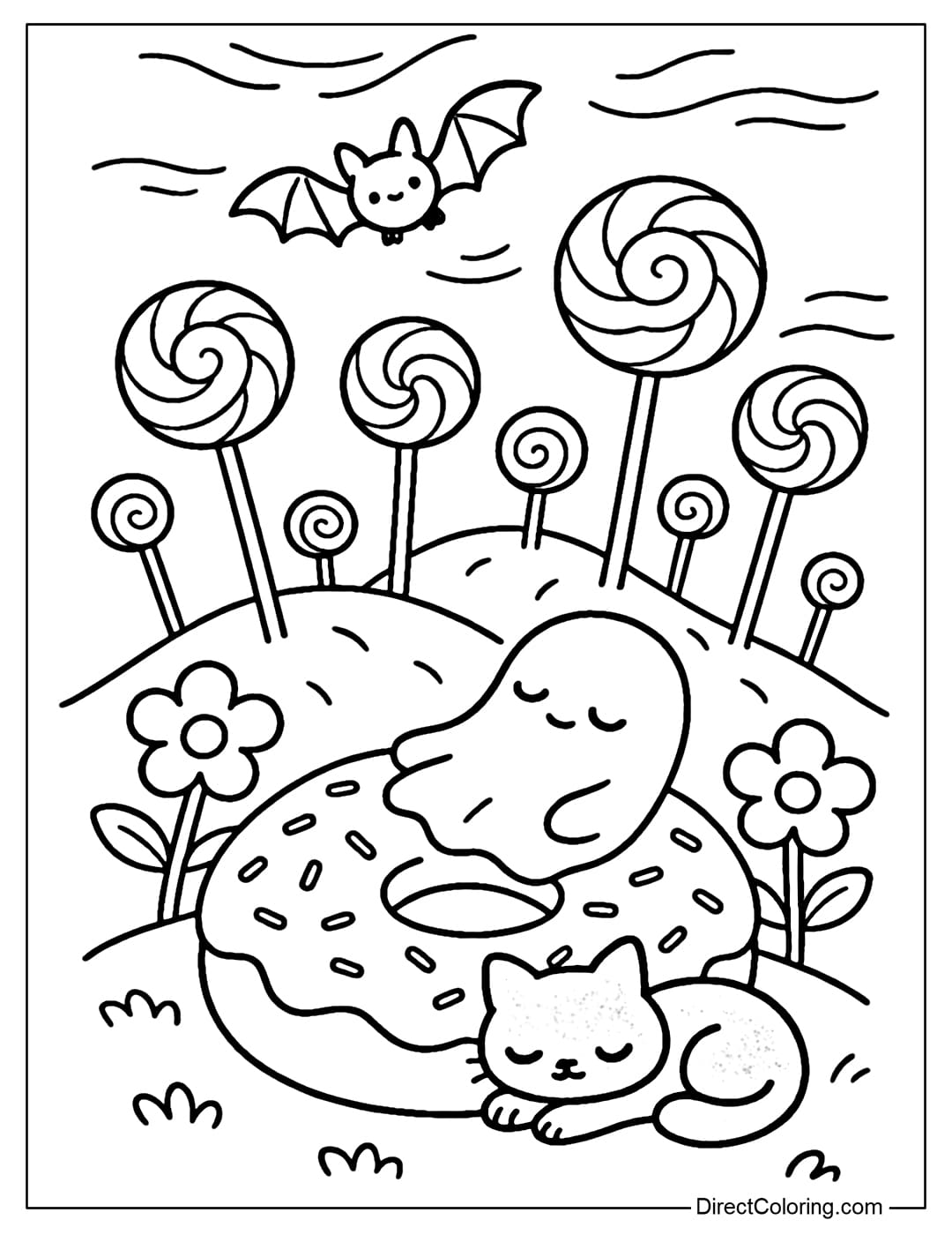 Lollipop hill coloring page, little bats flying among marshmallow flowers, little ghost resting on a giant donut, next to a black cat.