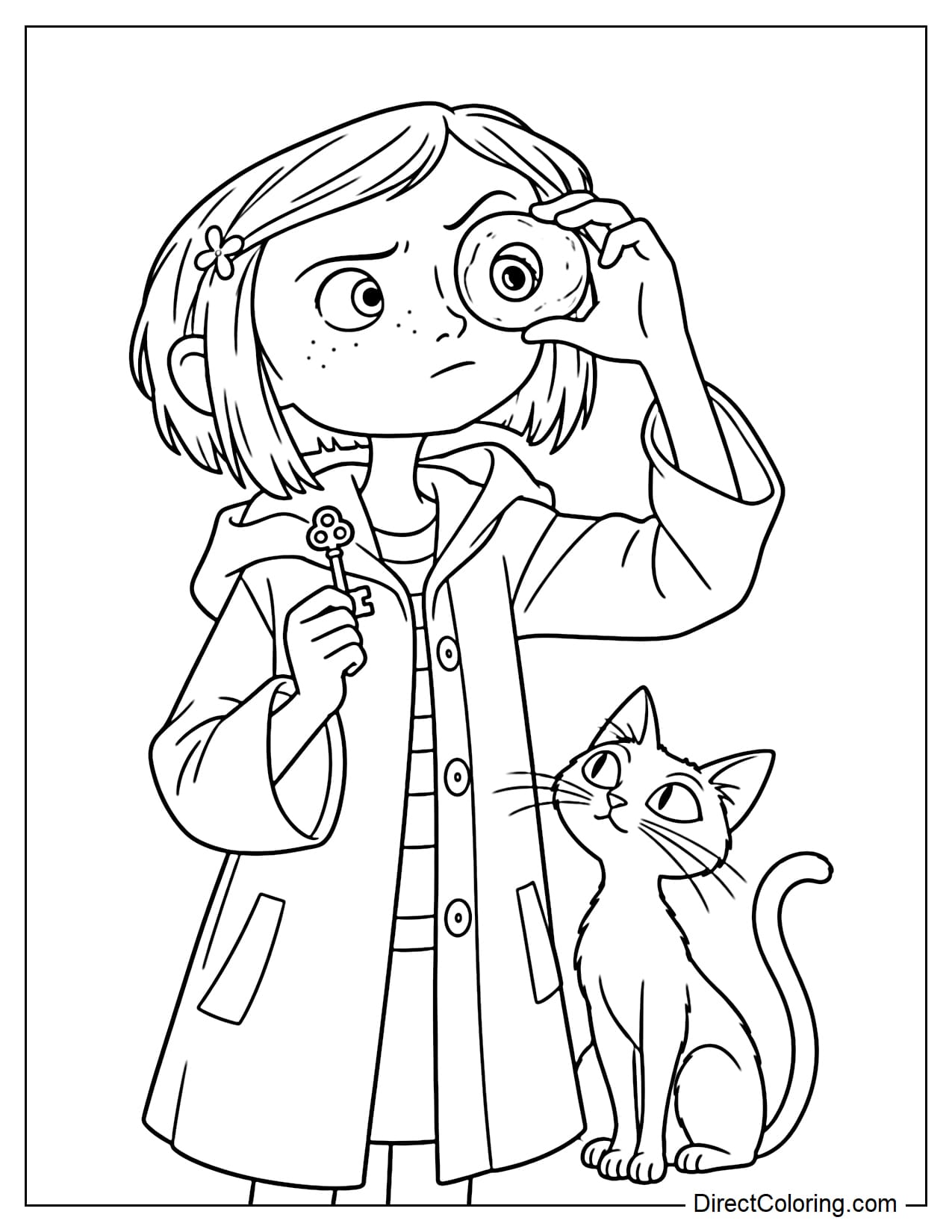 Coraline holds the seeing stone over one eye and peers through its round hole with a focused expression, holding a small key in her other hand as the cat sits below and watches.