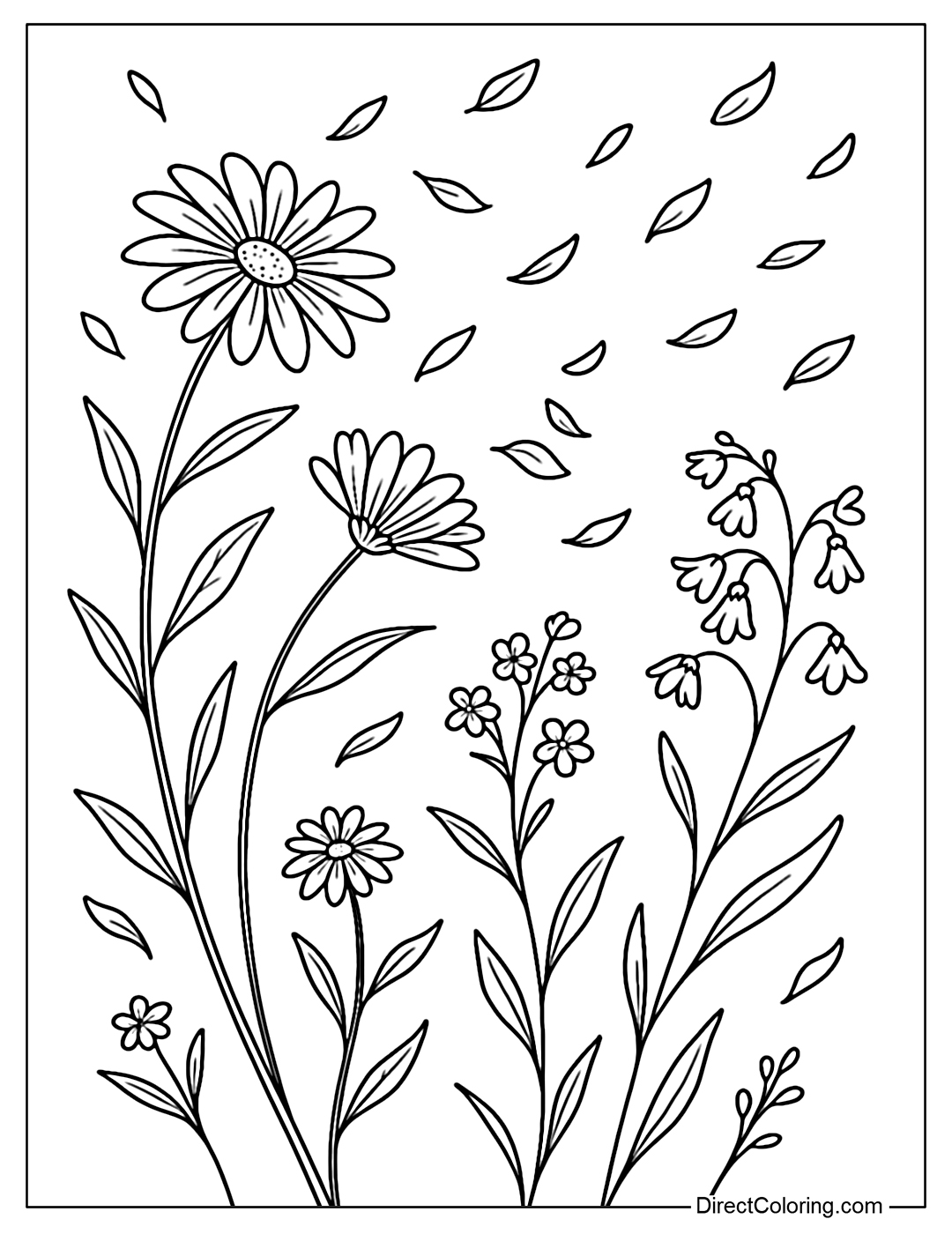Coloring page of wild flowers swaying in the late summer wind - the petals are flying.