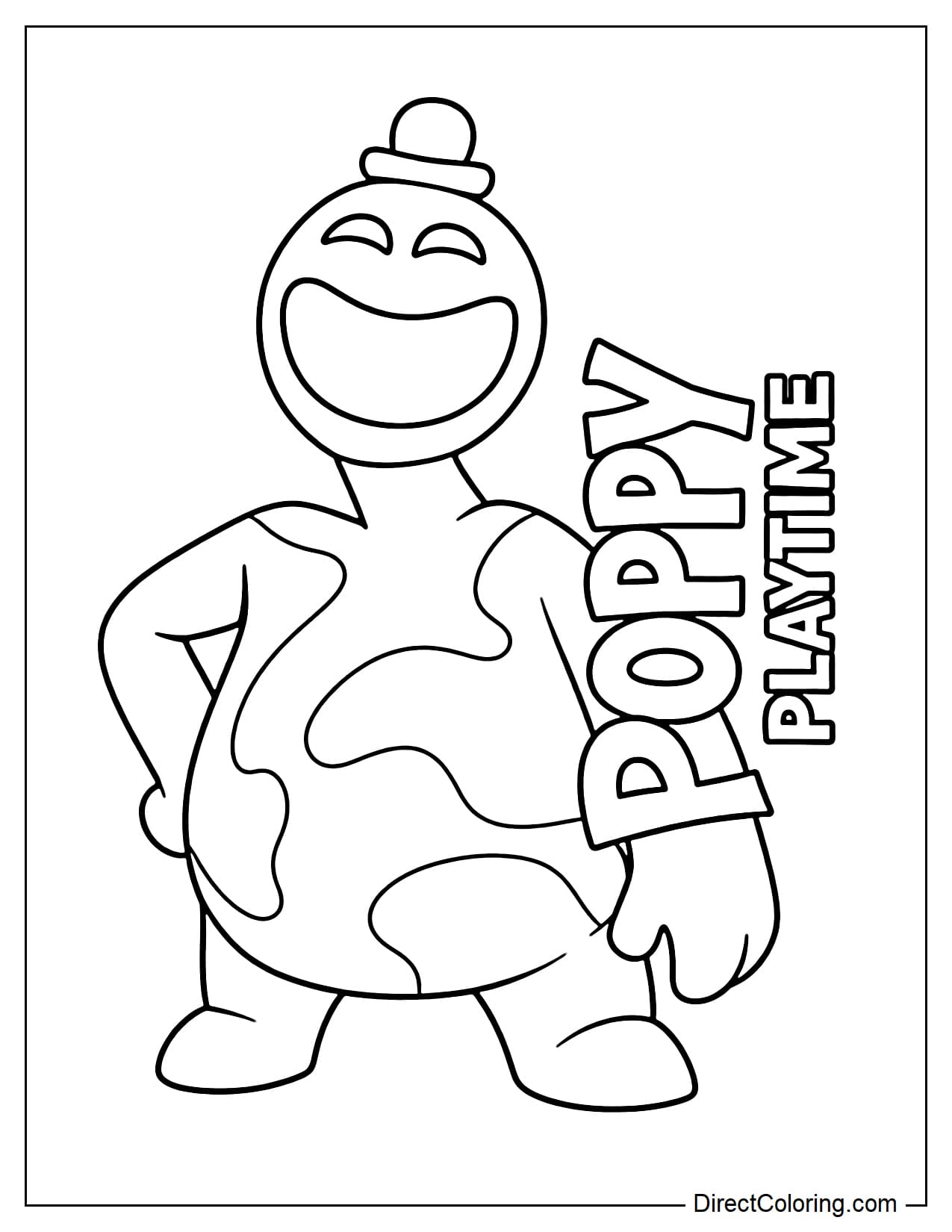 Doey the Doughman from Poppy Playtime has a round body with mottled colors, a wide smiling mouth, a small hat on her head, and the words 
