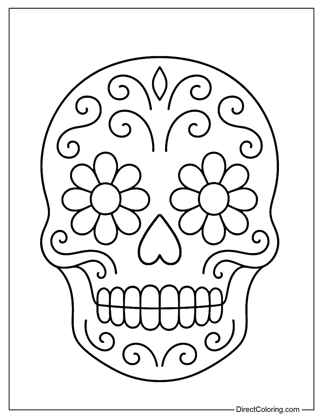 A sugar skull coloring page with large flower eyes, a heart-shaped nose, and some gently curling patterns around the forehead and chin.