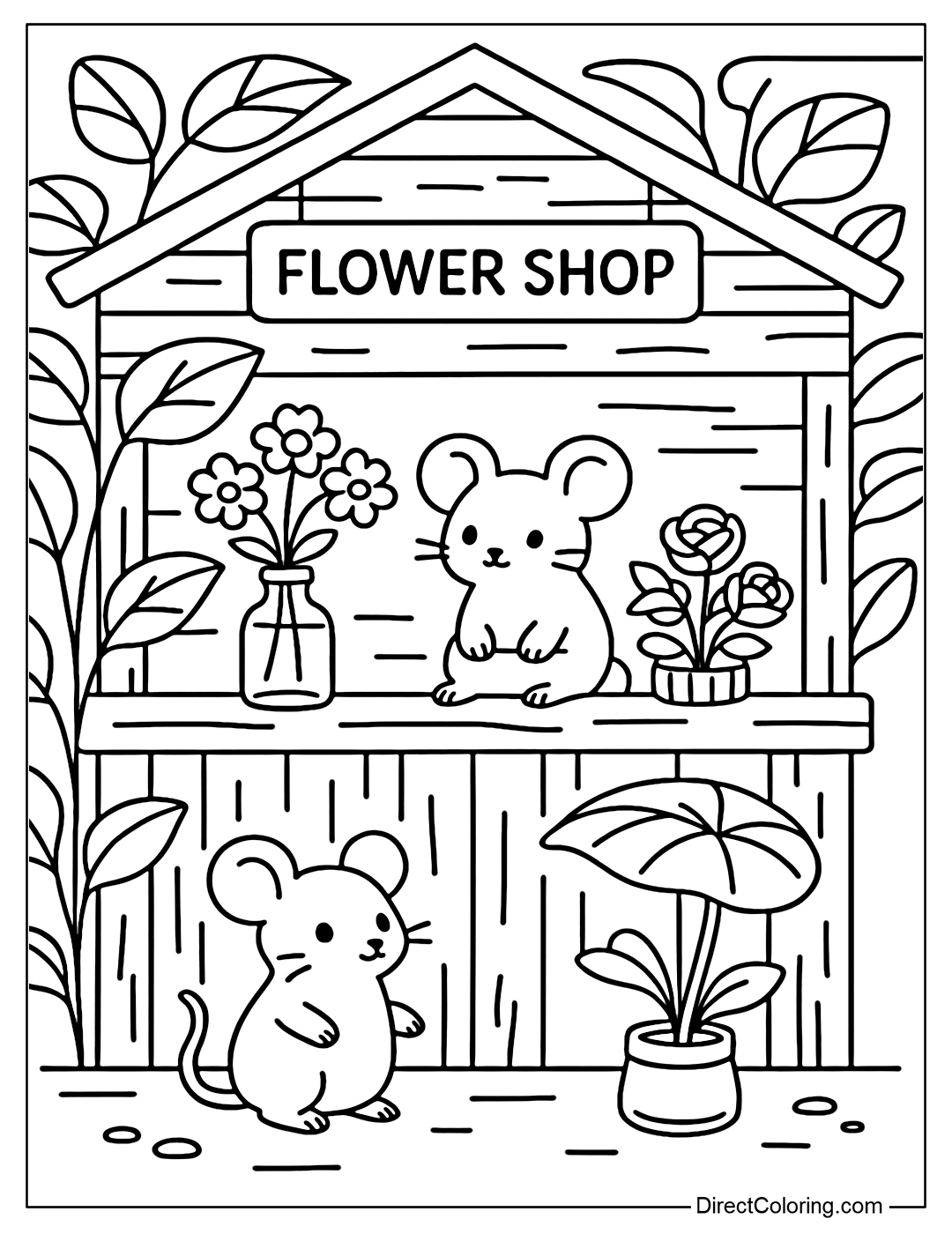 Tiny Mouse Florist Coloring Page in a wooden house, vases made from bottle caps, leaves as big as umbrellas