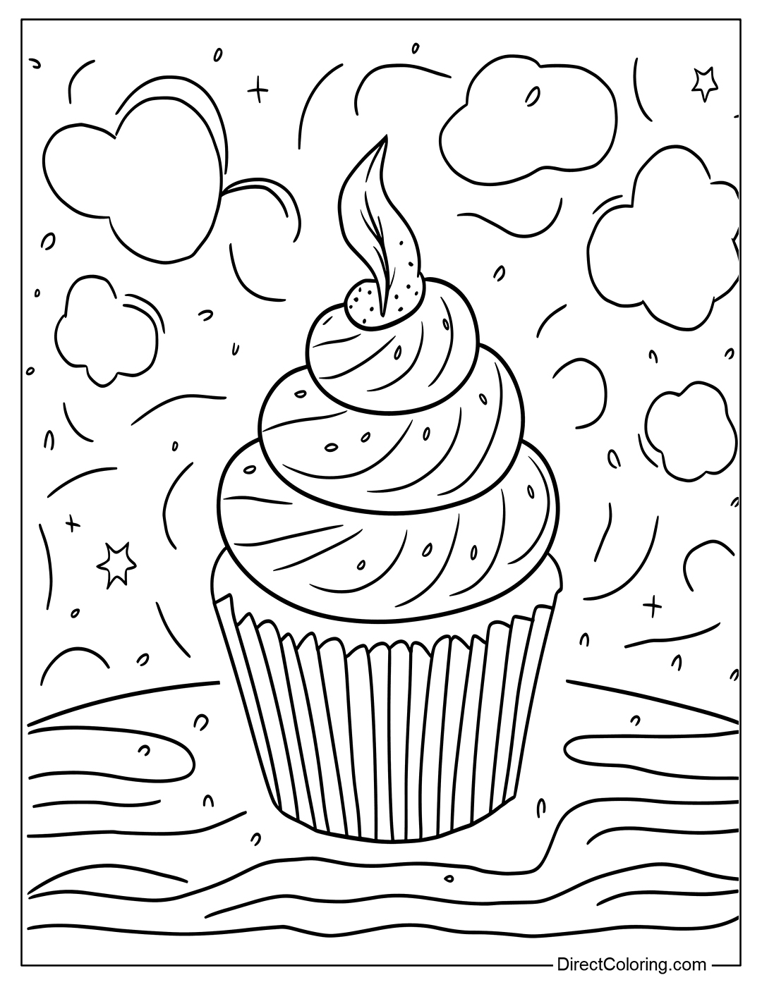 Coloring Page with Cupcake and Clouds