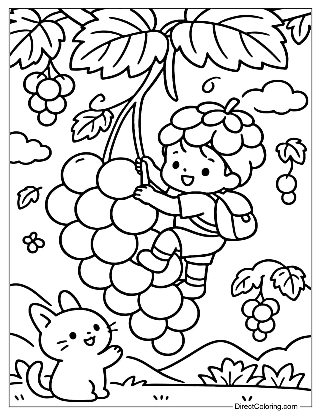 Coloring page of a little baby climbing a giant bunch of grapes like a ladder.