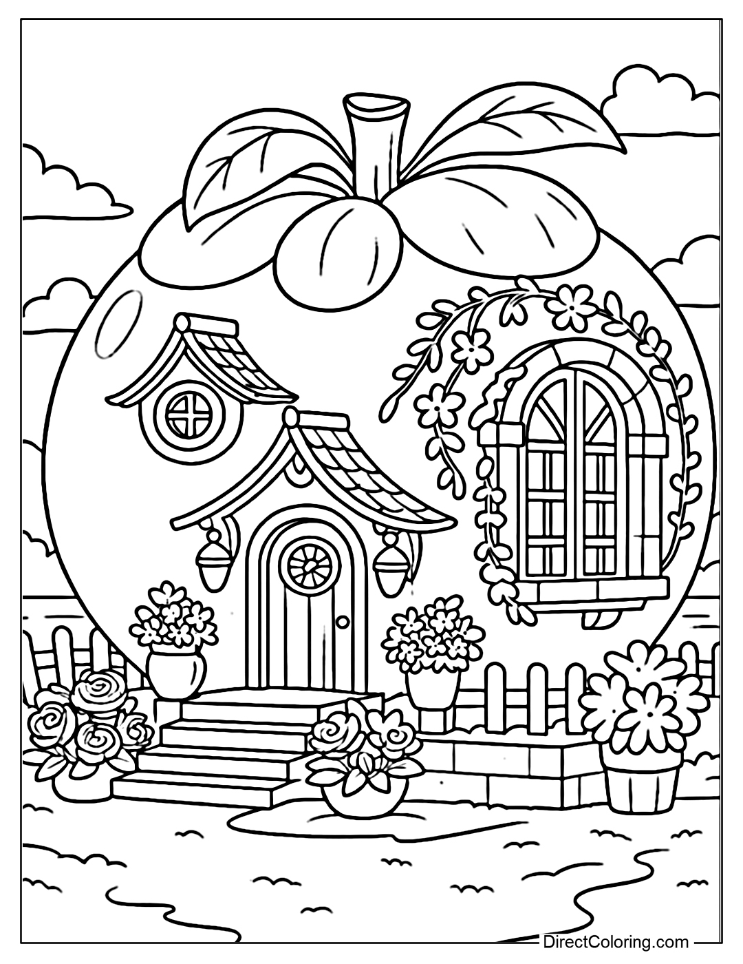 A soft round mangosteen house coloring page with a purple shell as the body of the house, a round entrance door placed in the middle. The roof is a typical mangosteen cap with dark green leaves twisted like a fairy crown.