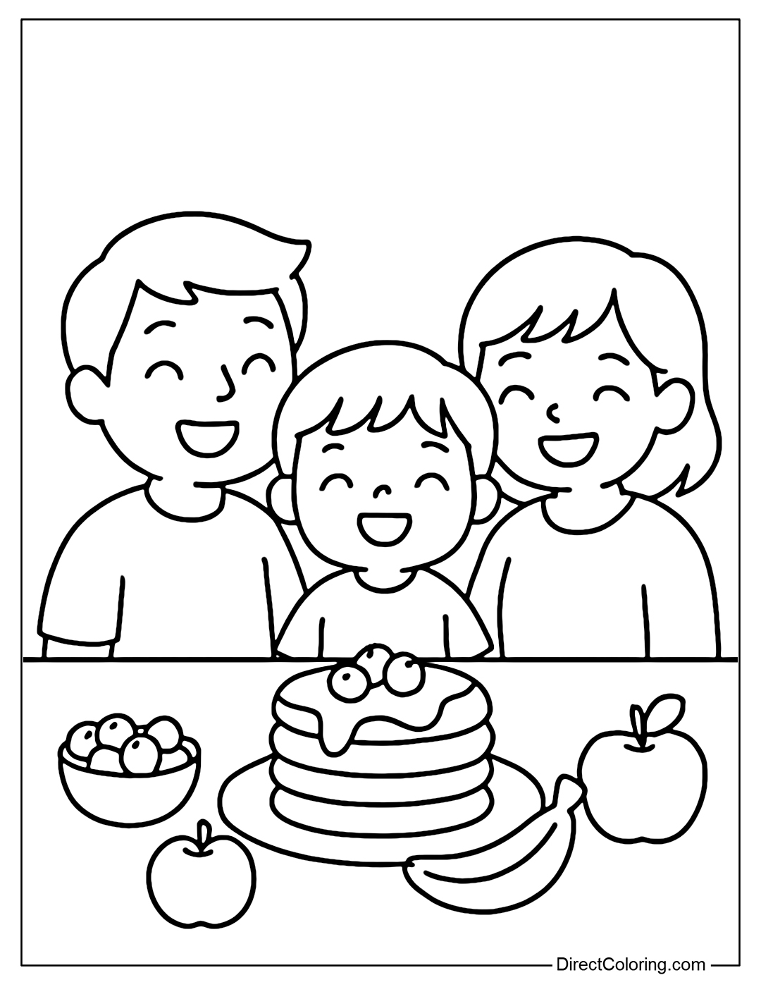 A cozy Sunday breakfast coloring page with pancakes, fruit and family laughter.