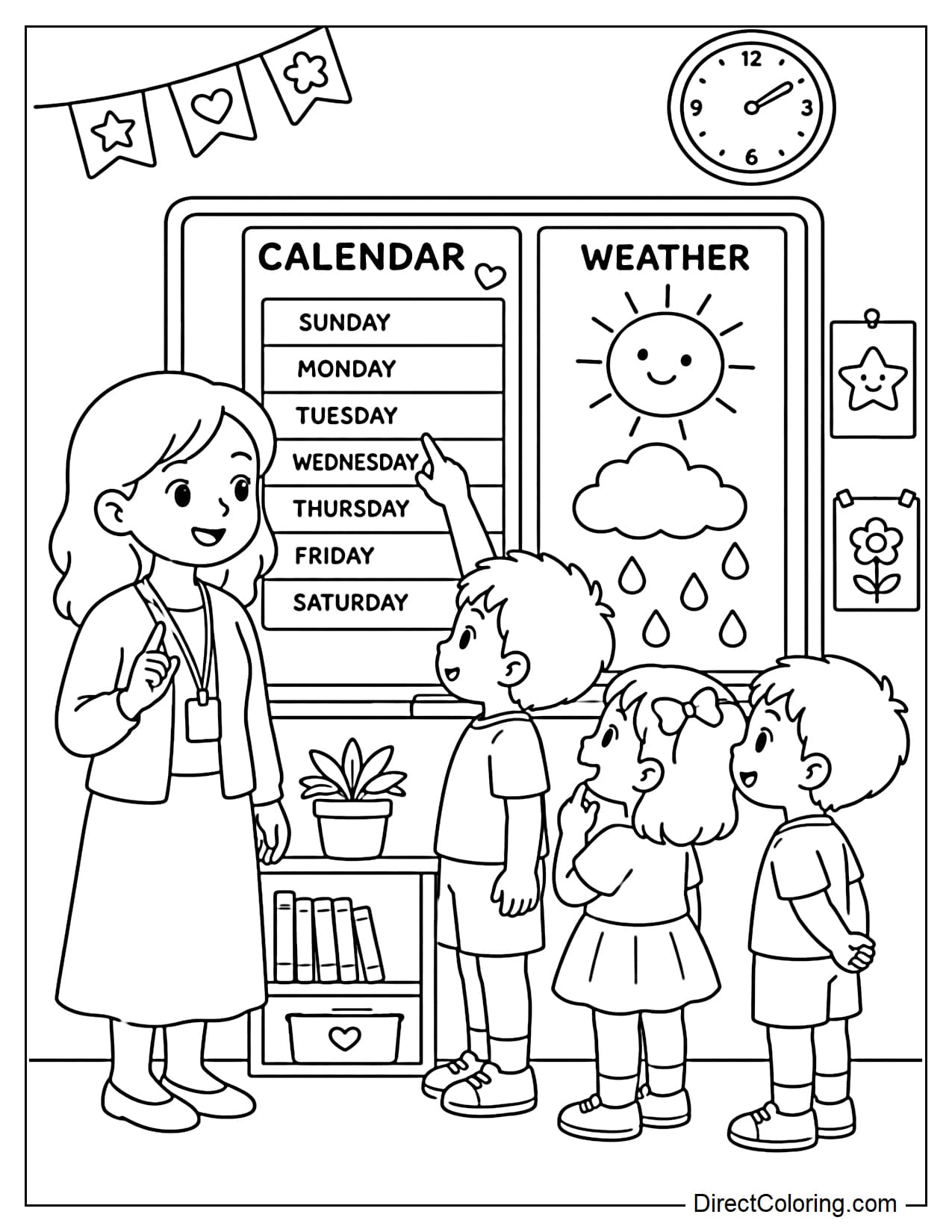 The teacher and the children are looking at the calendar and weather chart together. One child is pointing to a day of the week, next to which are the sun, clouds, and large raindrops.