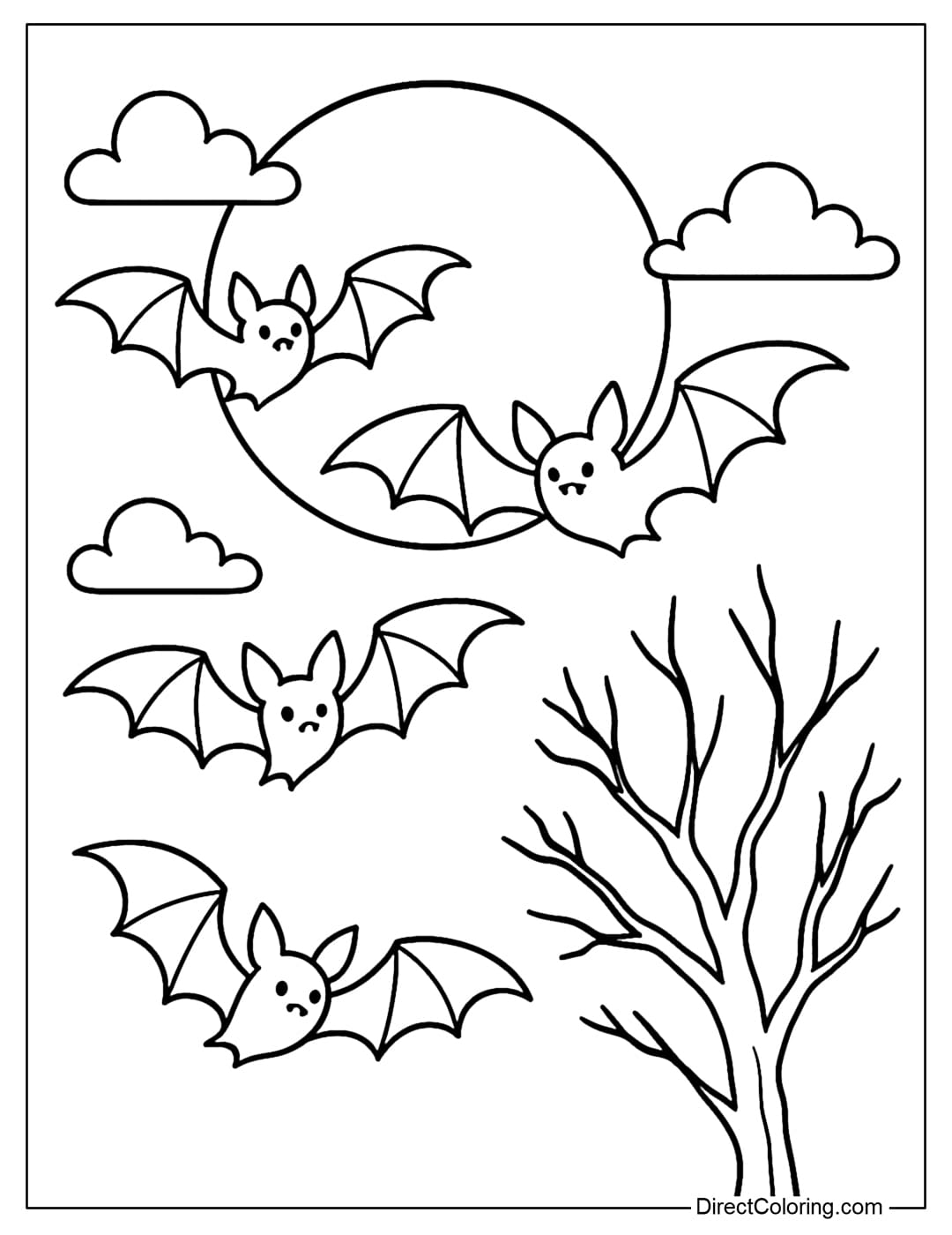 A coloring page of a flock of bats flying through the night sky with a big full moon, some clouds and dry trees in the distance.