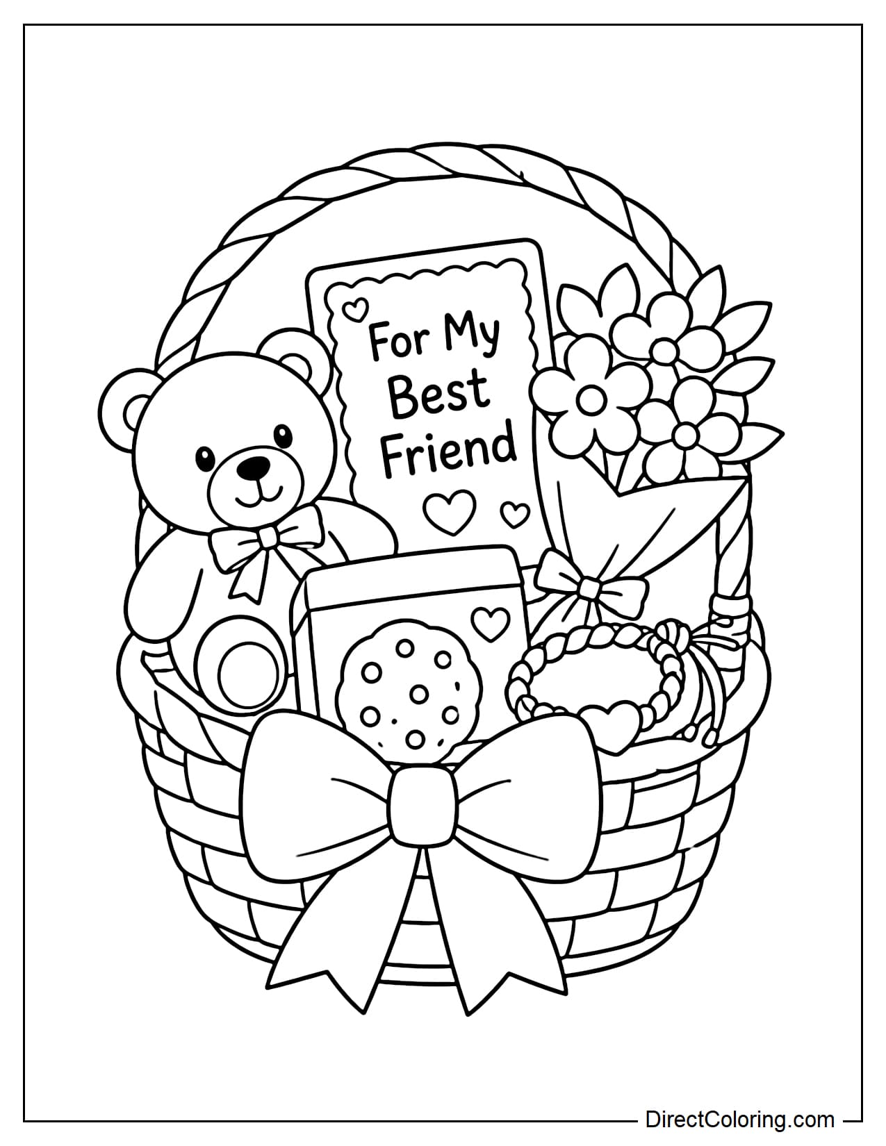 A Friendship Day gift basket containing a small teddy bear, friendship bracelets, a box of cookies, a simple bouquet of flowers, and a card that says 